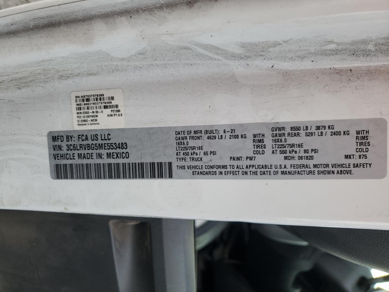 2021 Ram Promaster 1500 1500 High VIN: 3C6LRVBG5ME553483 Lot: 85910535