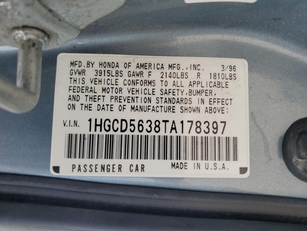 1996 Honda Accord Lx VIN: 1HGCD5638TA178397 Lot: 84194775