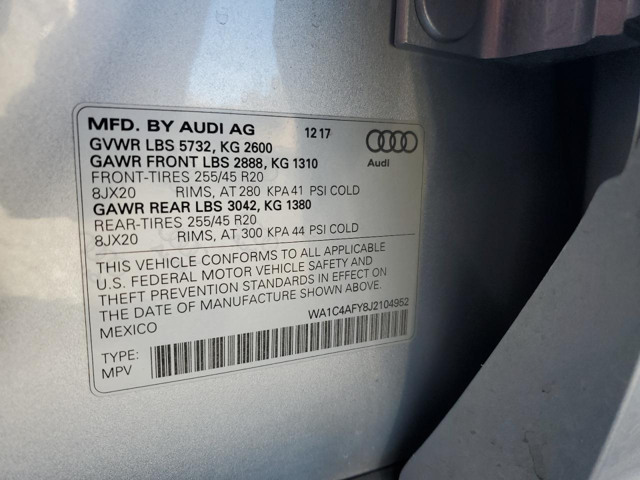 2018 Audi Sq5 Prestige VIN: WA1C4AFY8J2104952 Lot: 86836765