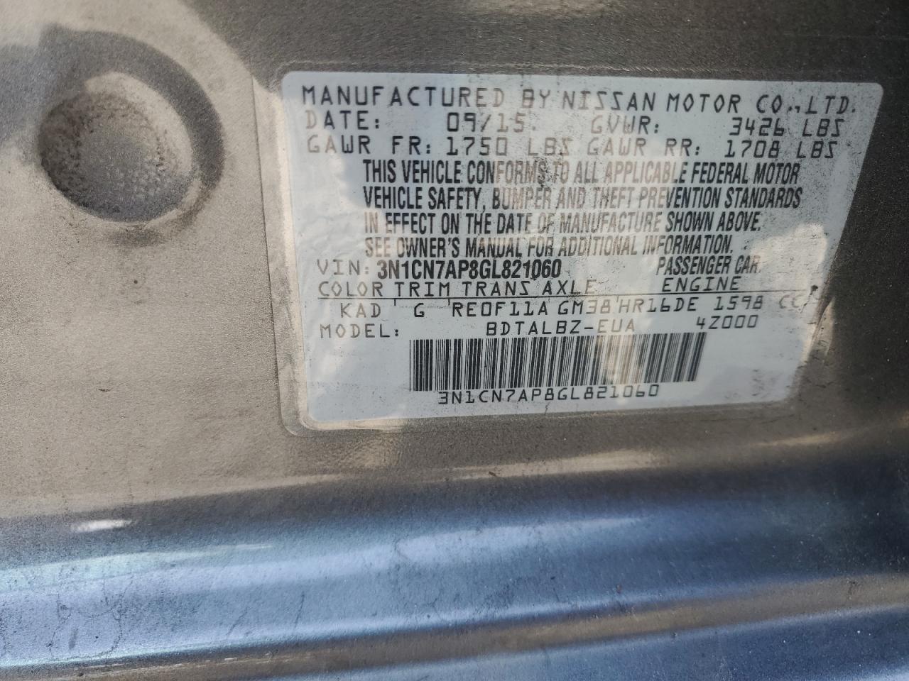 2016 Nissan Versa S VIN: 3N1CN7AP8GL821060 Lot: 82368915