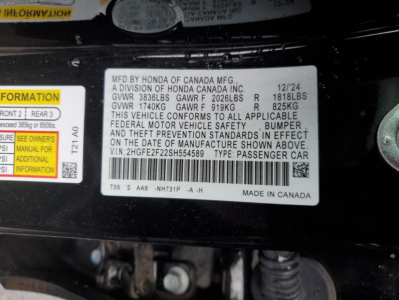 2025 Honda Civic Lx VIN: 2HGFE2F22SH554589 Lot: 84302945