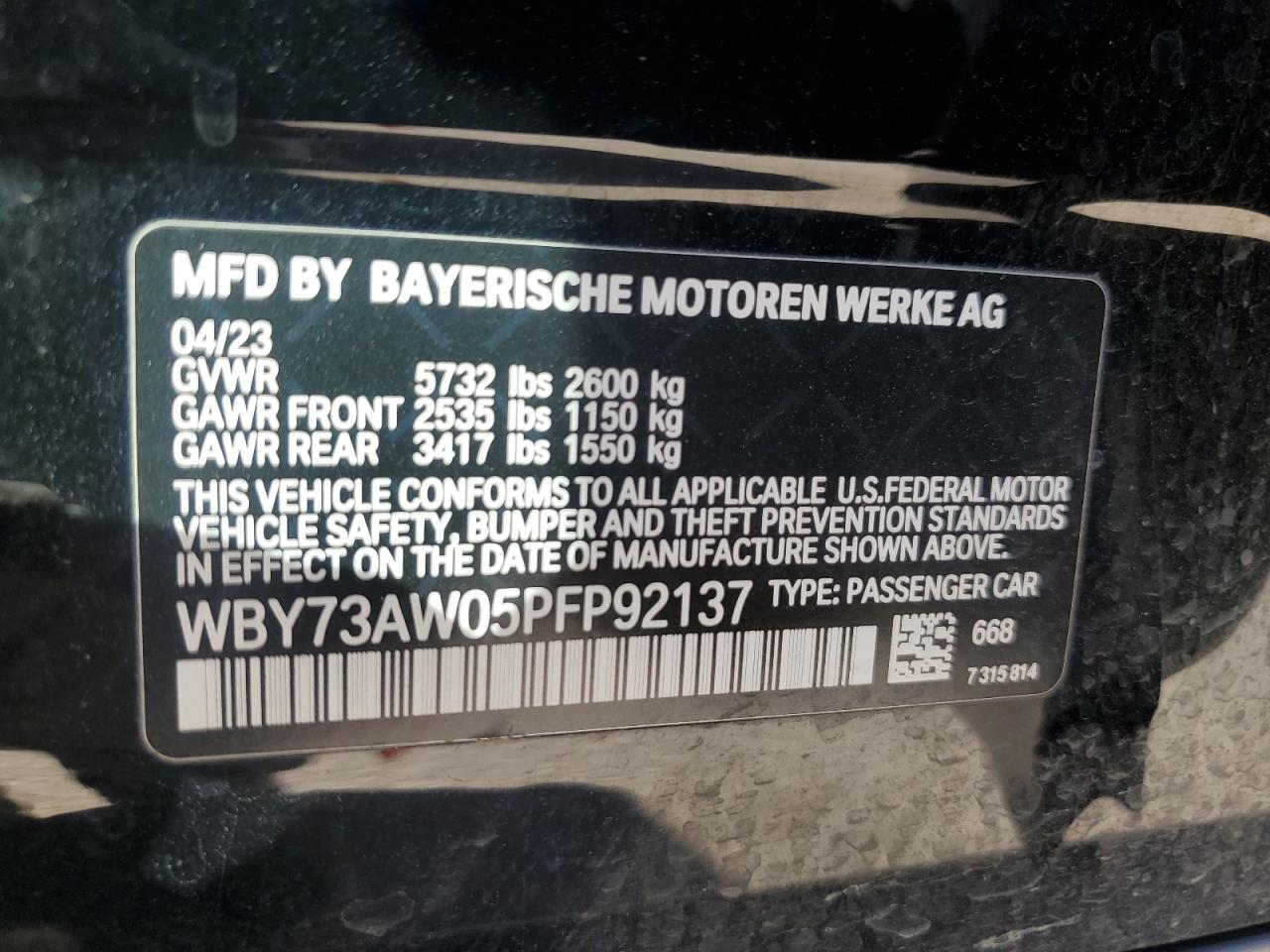 2023 BMW I4 Edrive 40 VIN: WBY73AW05PFP92137 Lot: 87469655