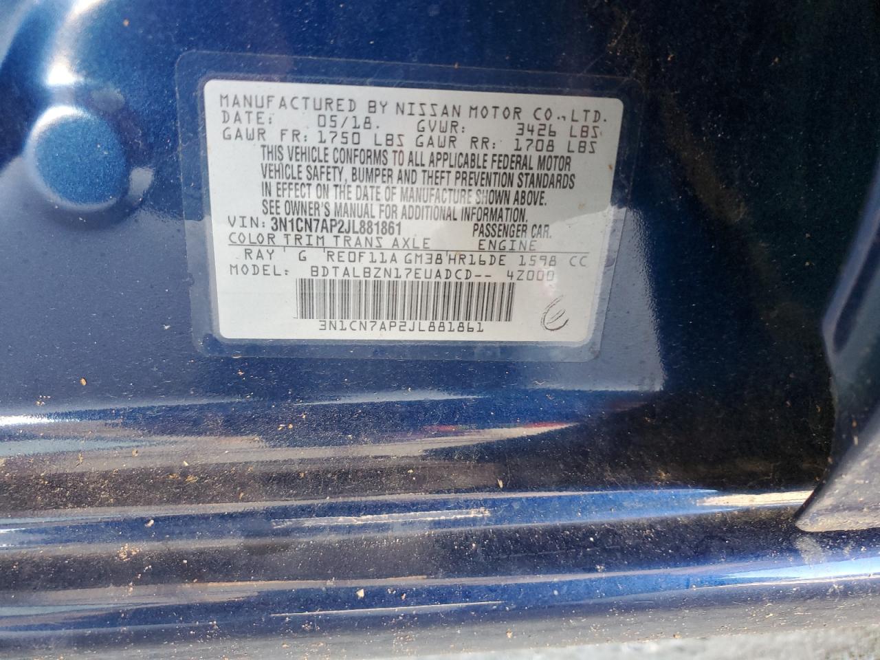 2018 Nissan Versa S VIN: 3N1CN7AP2JL881861 Lot: 85911505