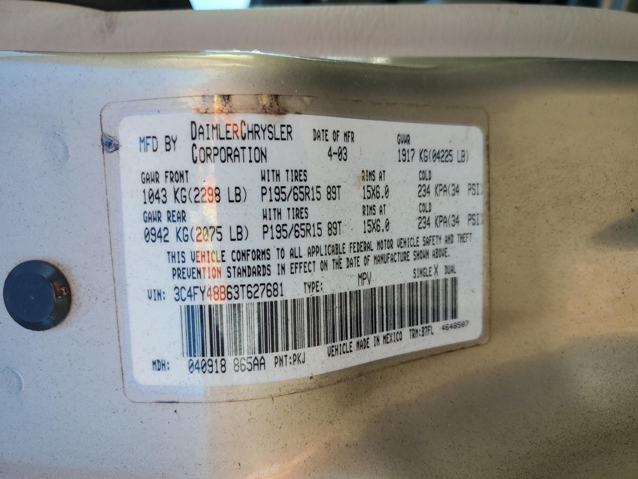 2003 Chrysler Pt Cruiser Classic VIN: 3C4FY48B63T627681 Lot: 90623275