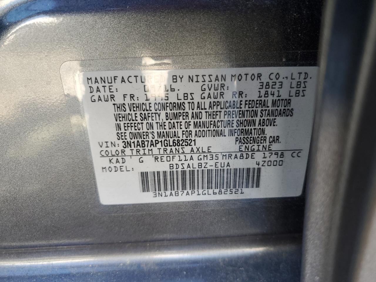 2016 Nissan Sentra S VIN: 3N1AB7AP1GL682521 Lot: 86498385