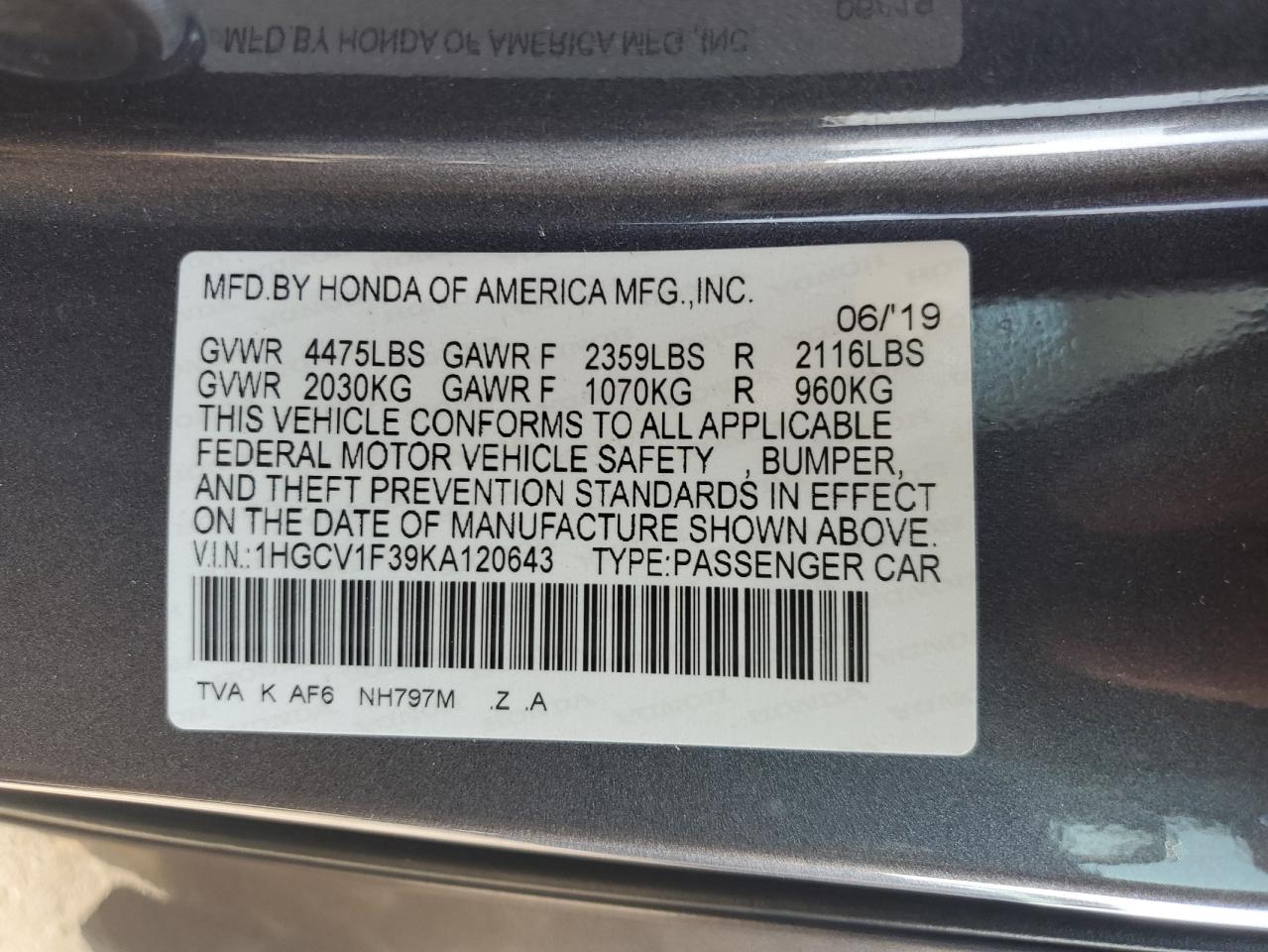 2019 Honda Accord Sport VIN: 1HGCV1F39KA120643 Lot: 90655265