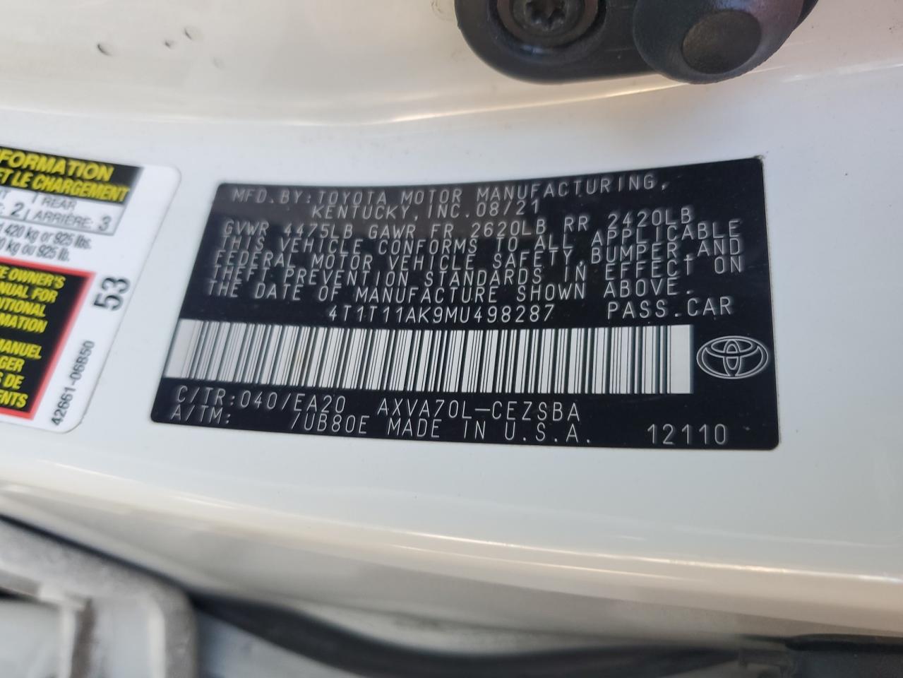 2021 Toyota Camry Se VIN: 4T1T11AK9MU498287 Lot: 90541805