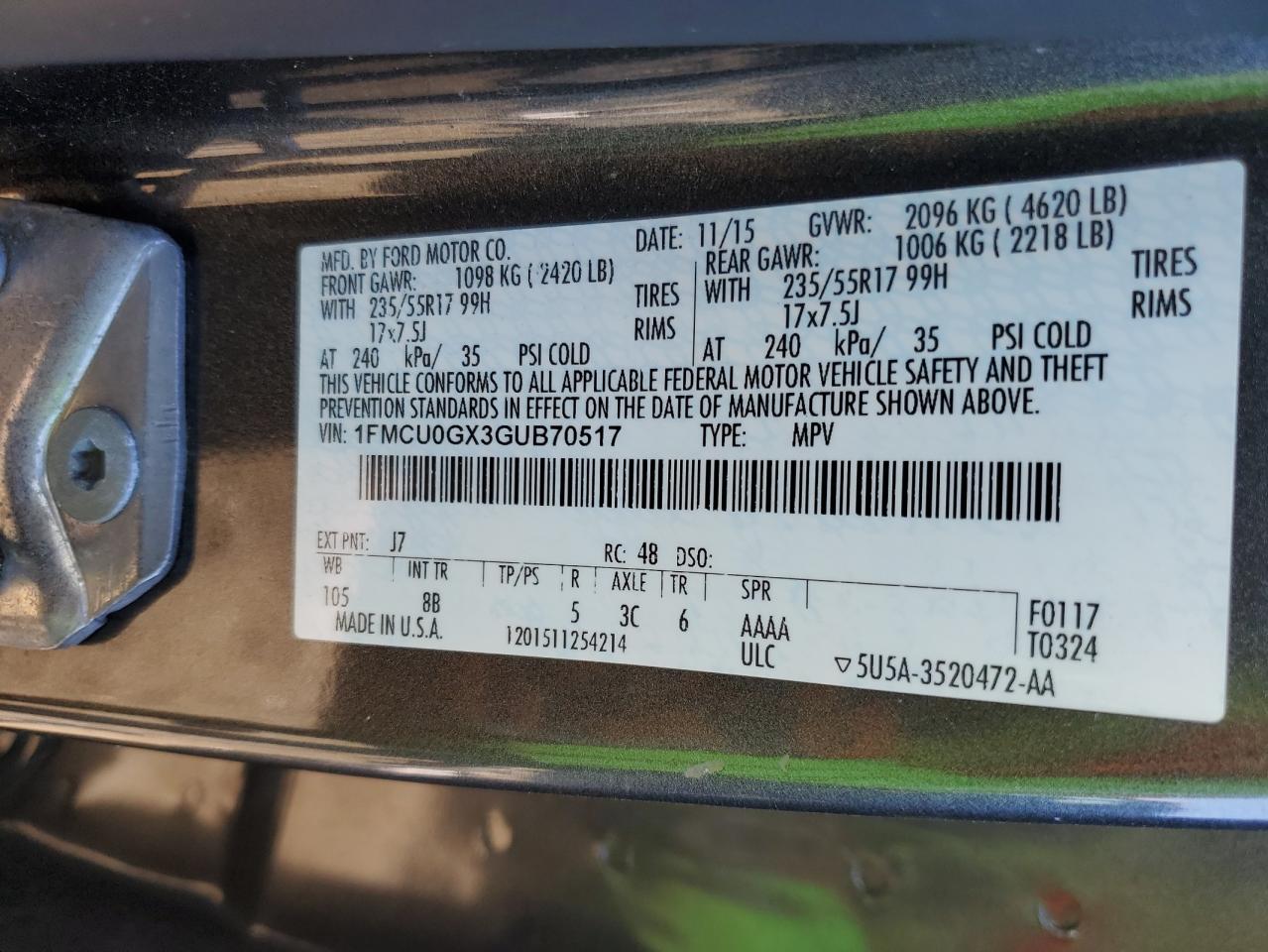 2016 Ford Escape Se VIN: 1FMCU0GX3GUB70517 Lot: 90453125