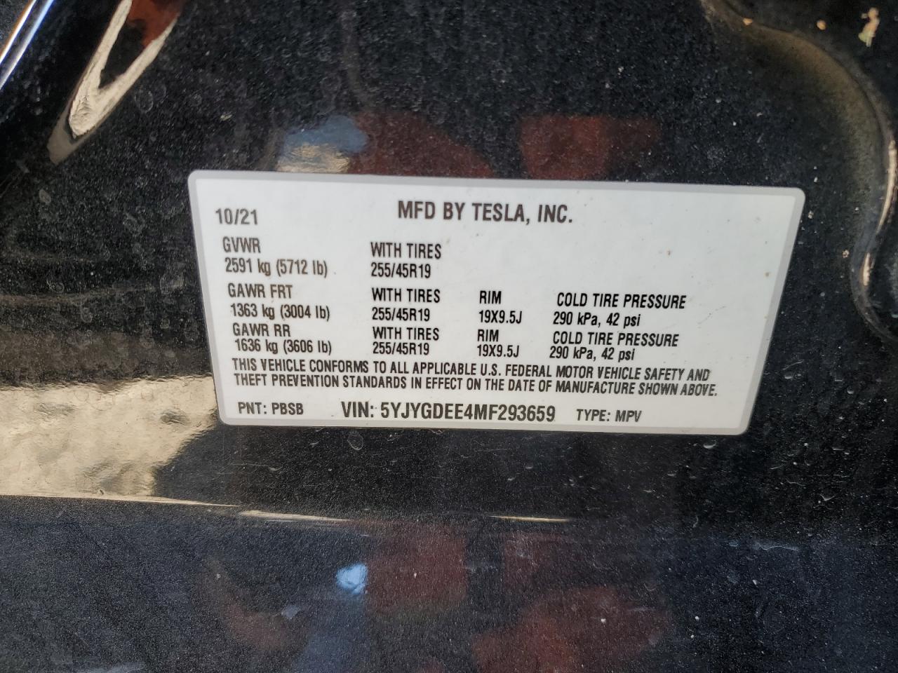 2021 Tesla Model Y VIN: 5YJYGDEE4MF293659 Lot: 84070975