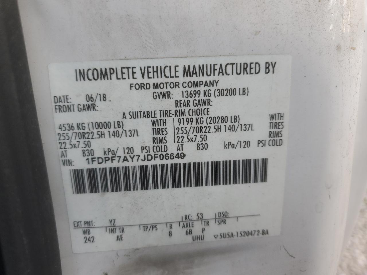 2018 Ford F750 Super Duty VIN: 1FDPF7AY7JDF06649 Lot: 82403475