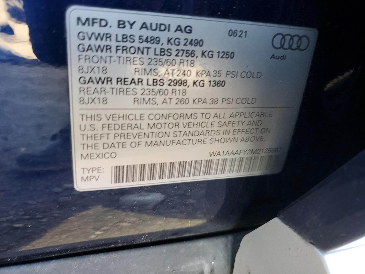 2021 Audi Q5 Premium VIN: WA1AAAFY2M2125607 Lot: 87470445
