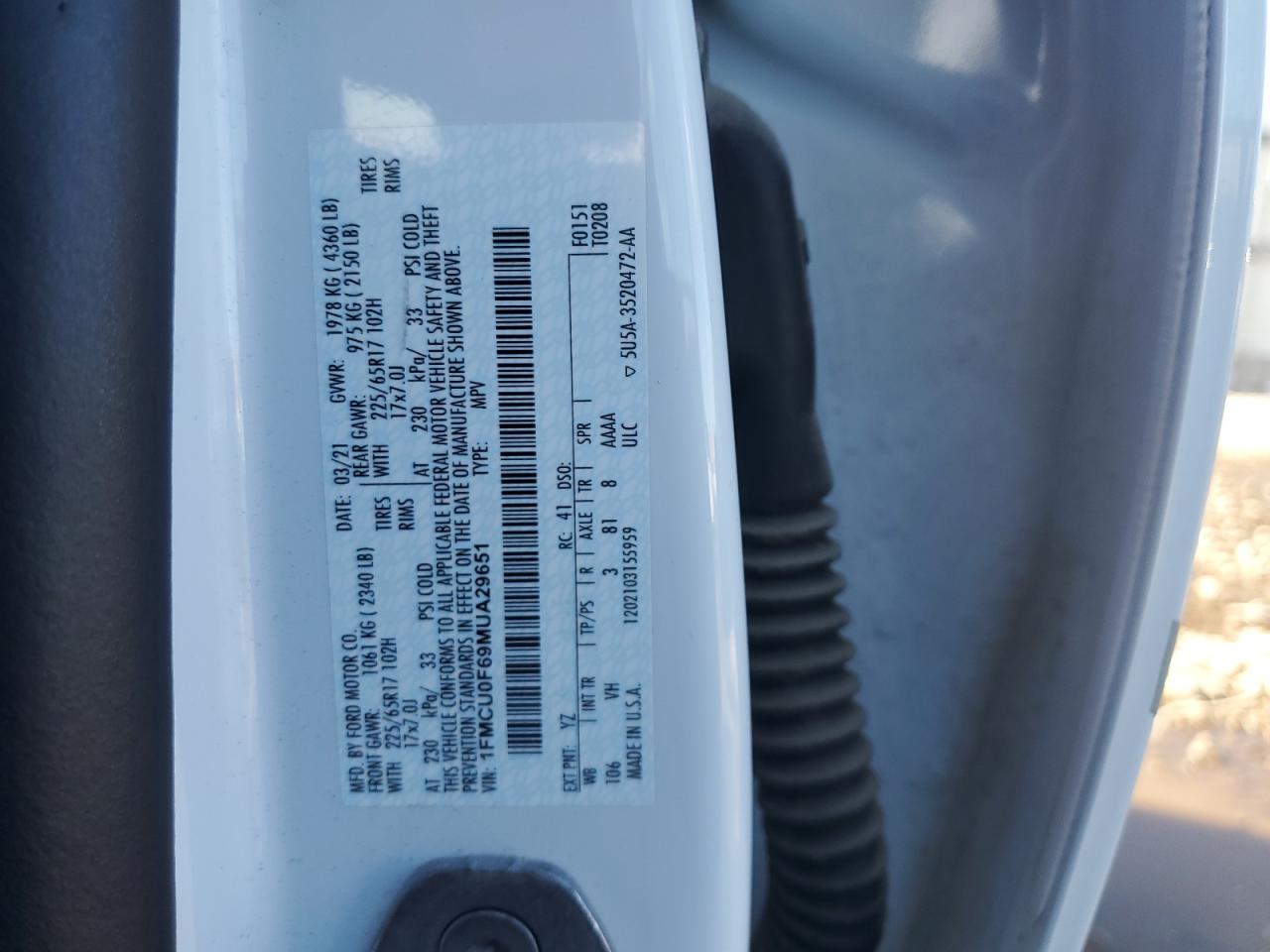 2021 Ford Escape S VIN: 1FMCU0F69MUA29651 Lot: 85718495