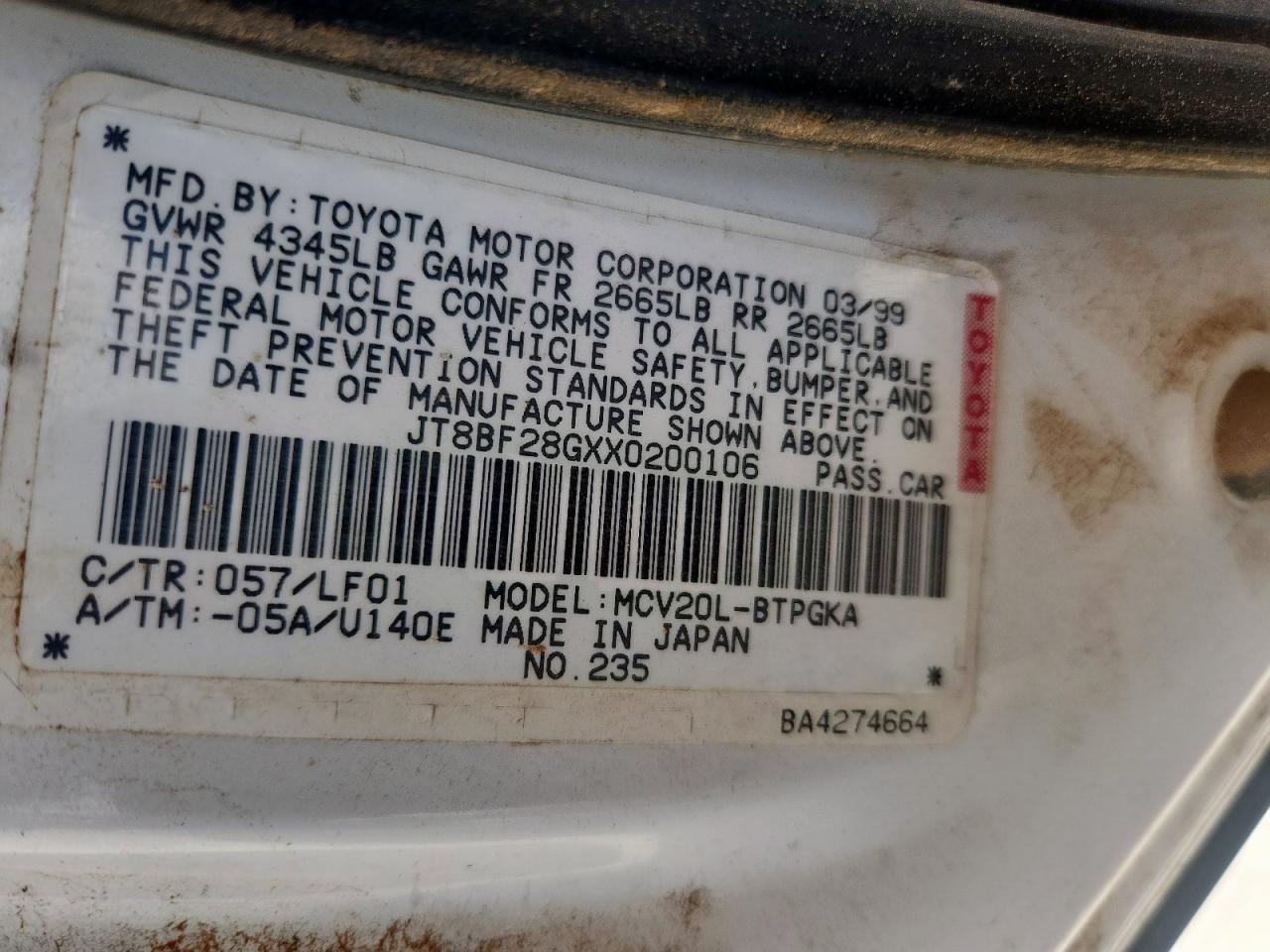 1999 Lexus Es 300 VIN: JT8BF28GXX0200106 Lot: 84796225