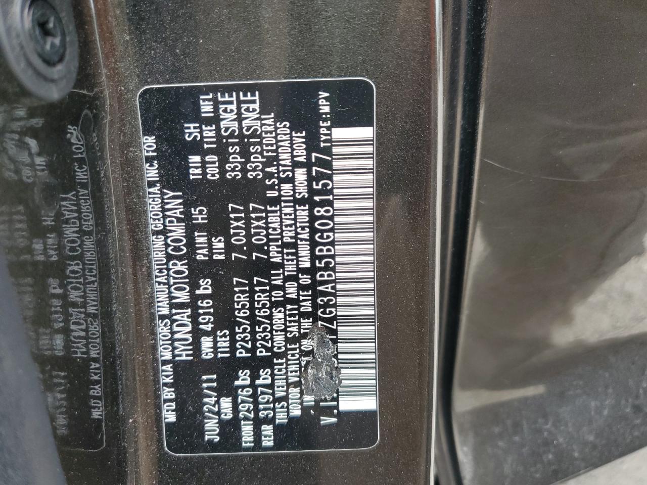 2011 Hyundai Santa Fe Gls VIN: 5XYZG3AB5BG081577 Lot: 85543705