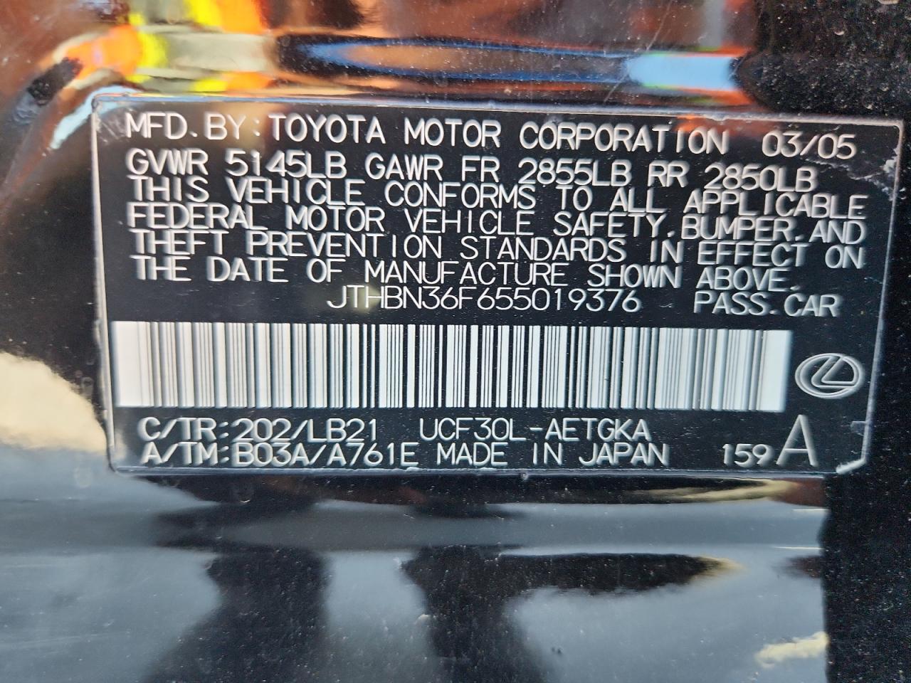 2005 Lexus Ls 430 VIN: JTHBN36F655019376 Lot: 86792825