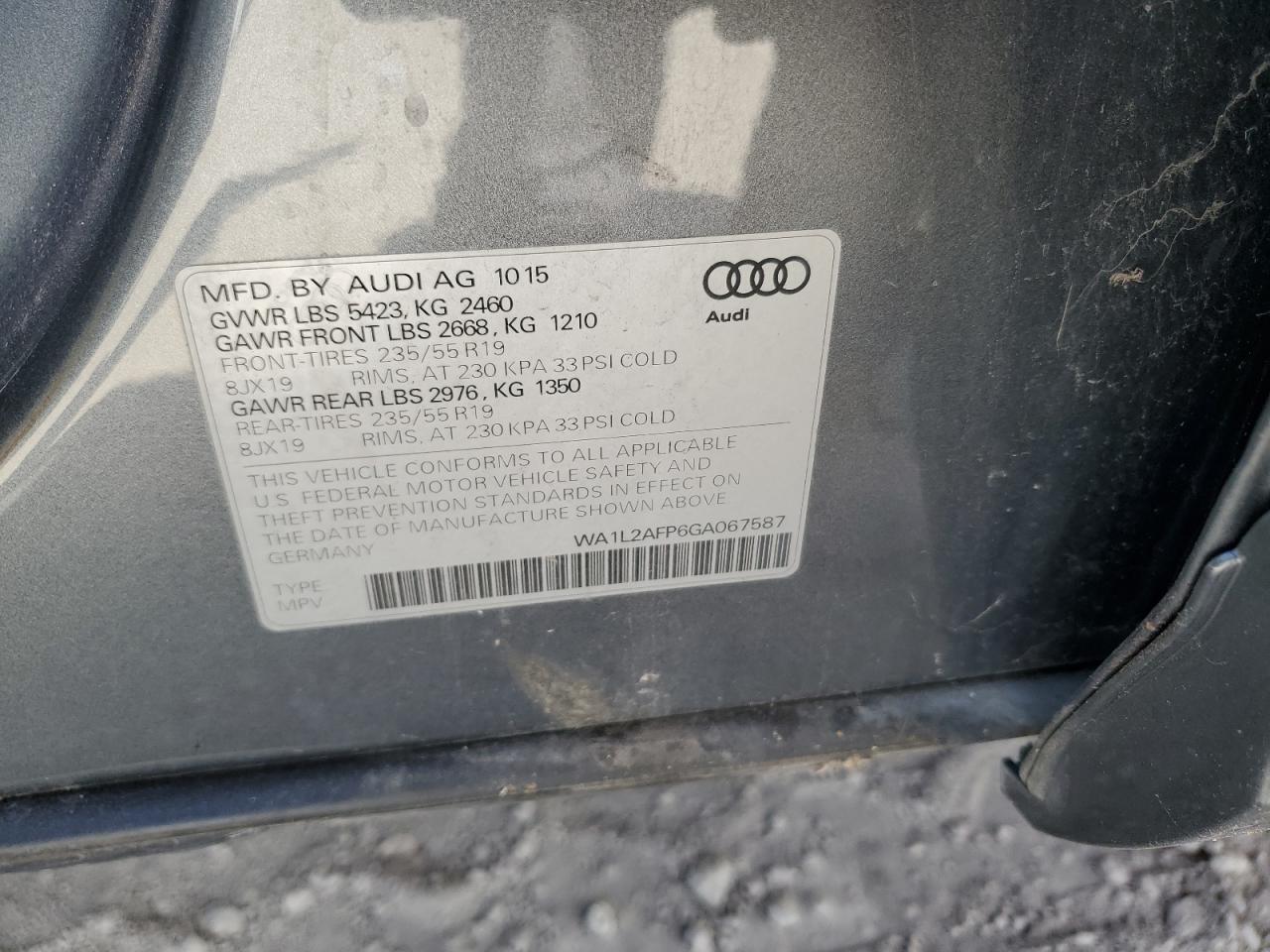 2016 Audi Q5 Premium Plus VIN: WA1L2AFP6GA067587 Lot: 82517755