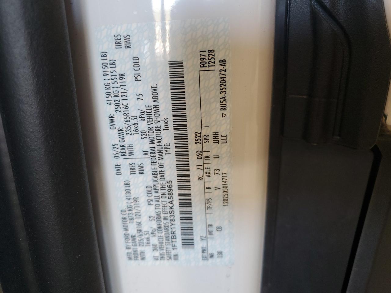 2025 Ford Transit T-250 VIN: 1FTBR1Y83SKA58965 Lot: 84642185