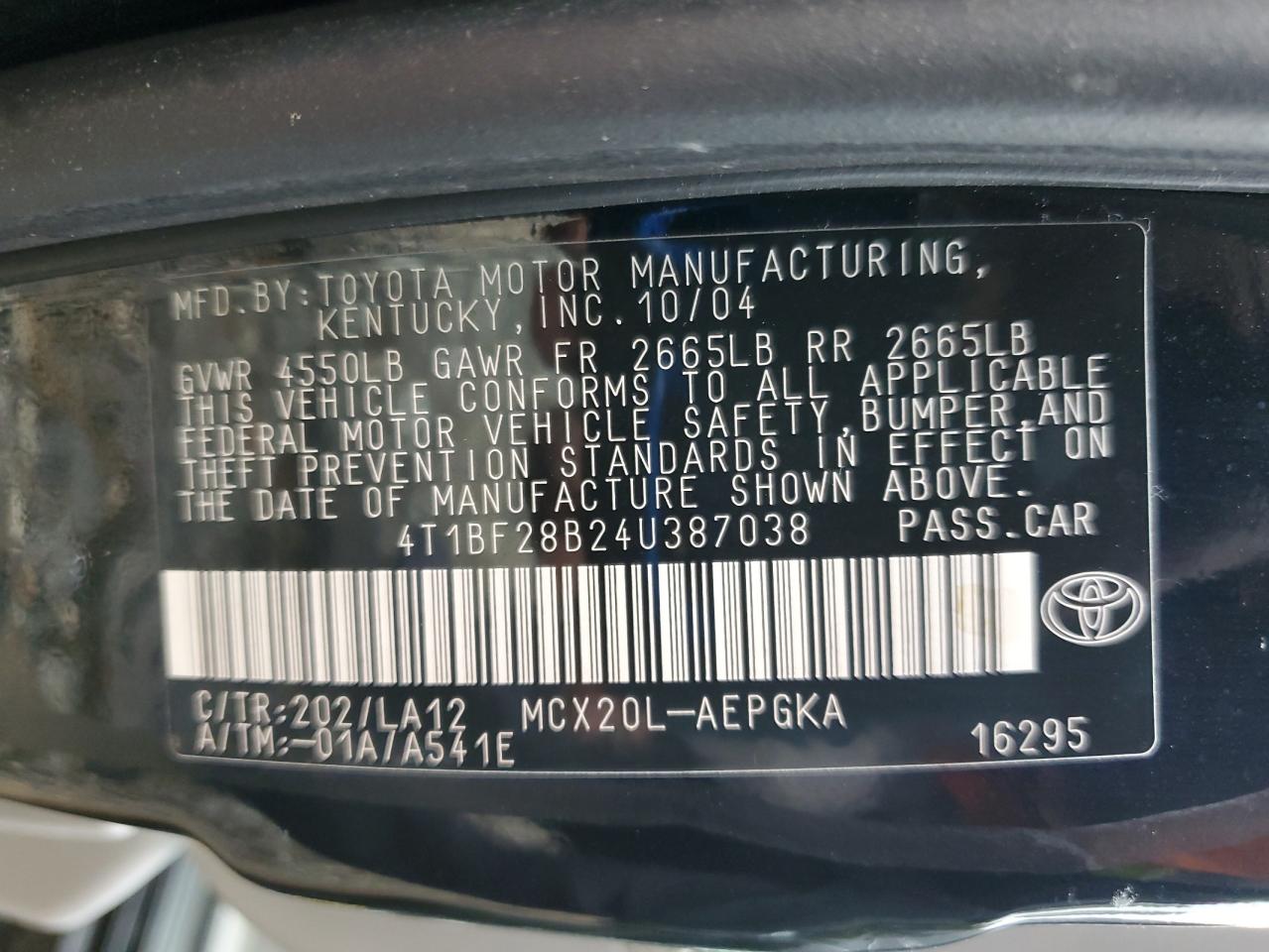 2004 Toyota Avalon Xl VIN: 4T1BF28B24U387038 Lot: 90029415