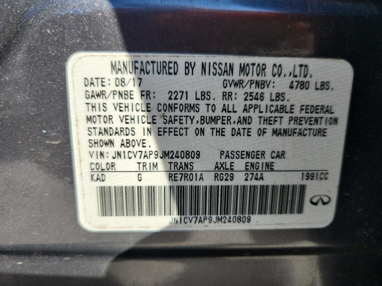 2018 Infiniti Q50 Pure VIN: JN1CV7AP9JM240809 Lot: 86711205