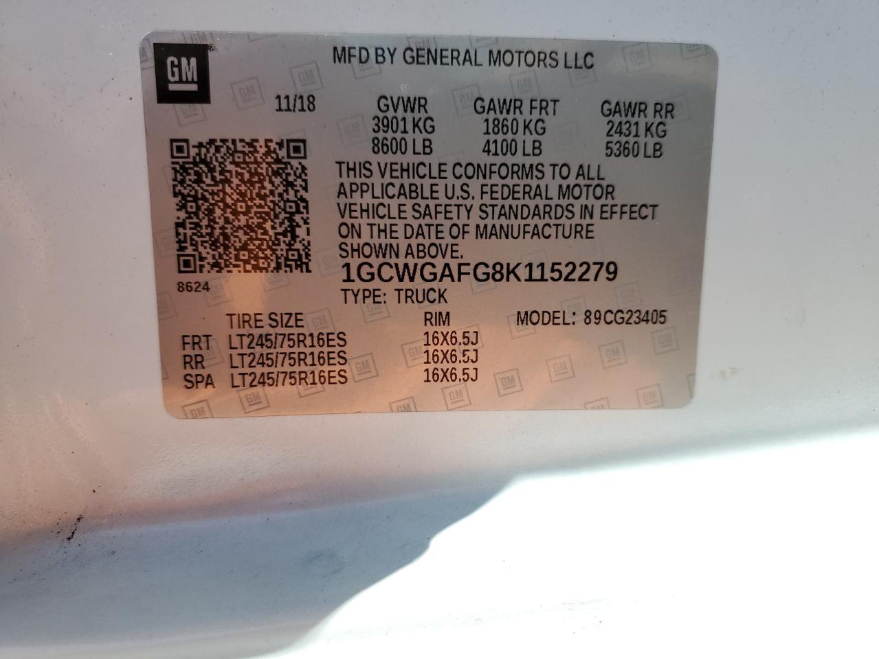 2019 Chevrolet Express G2500 VIN: 1GCWGAFG8K1152279 Lot: 82228145