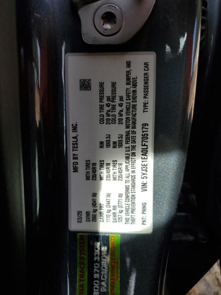 2020 Tesla Model 3 VIN: 5YJ3E1EA0LF705179 Lot: 89690445