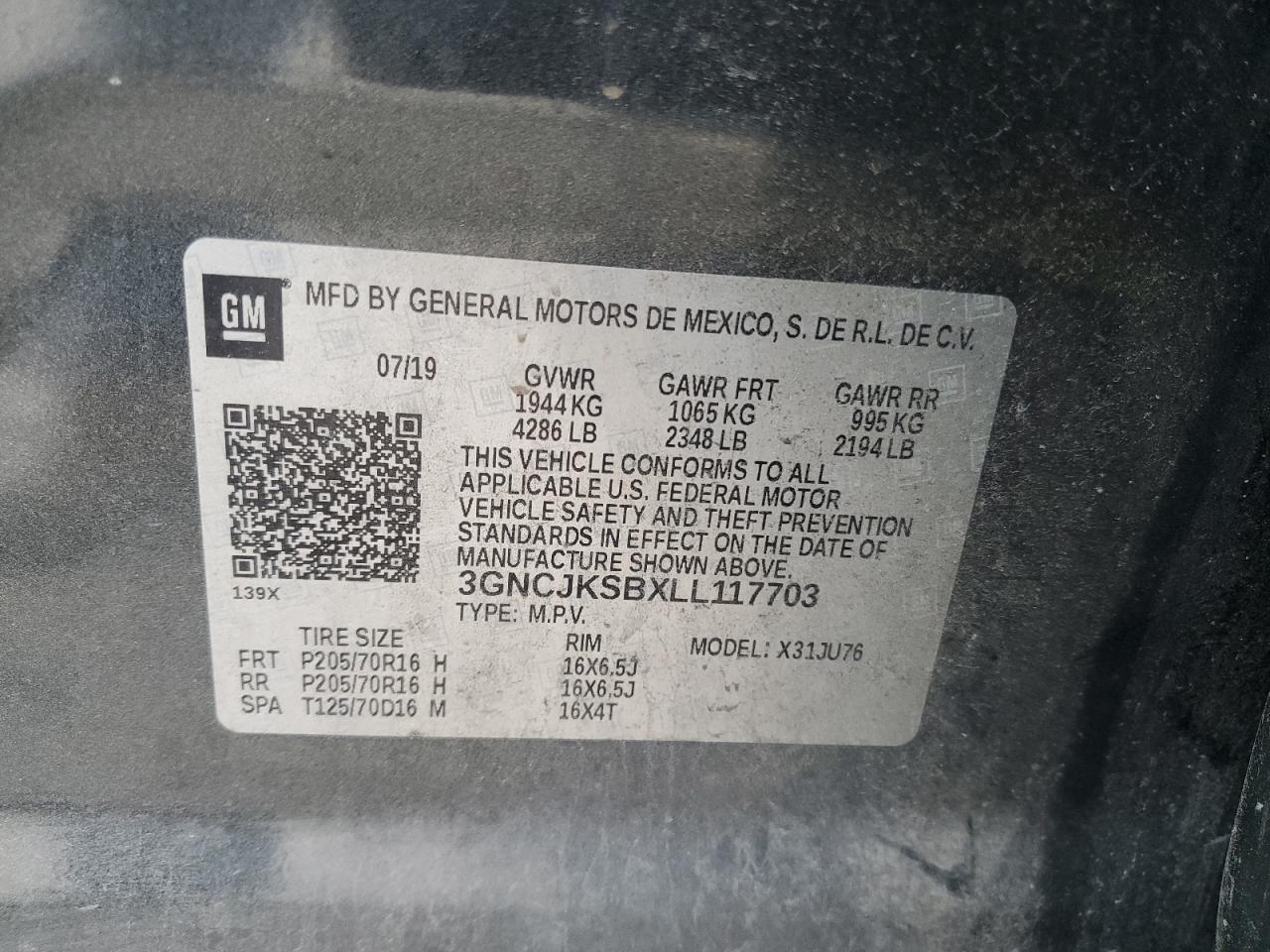 2020 Chevrolet Trax Ls VIN: 3GNCJKSBXLL117703 Lot: 91101305