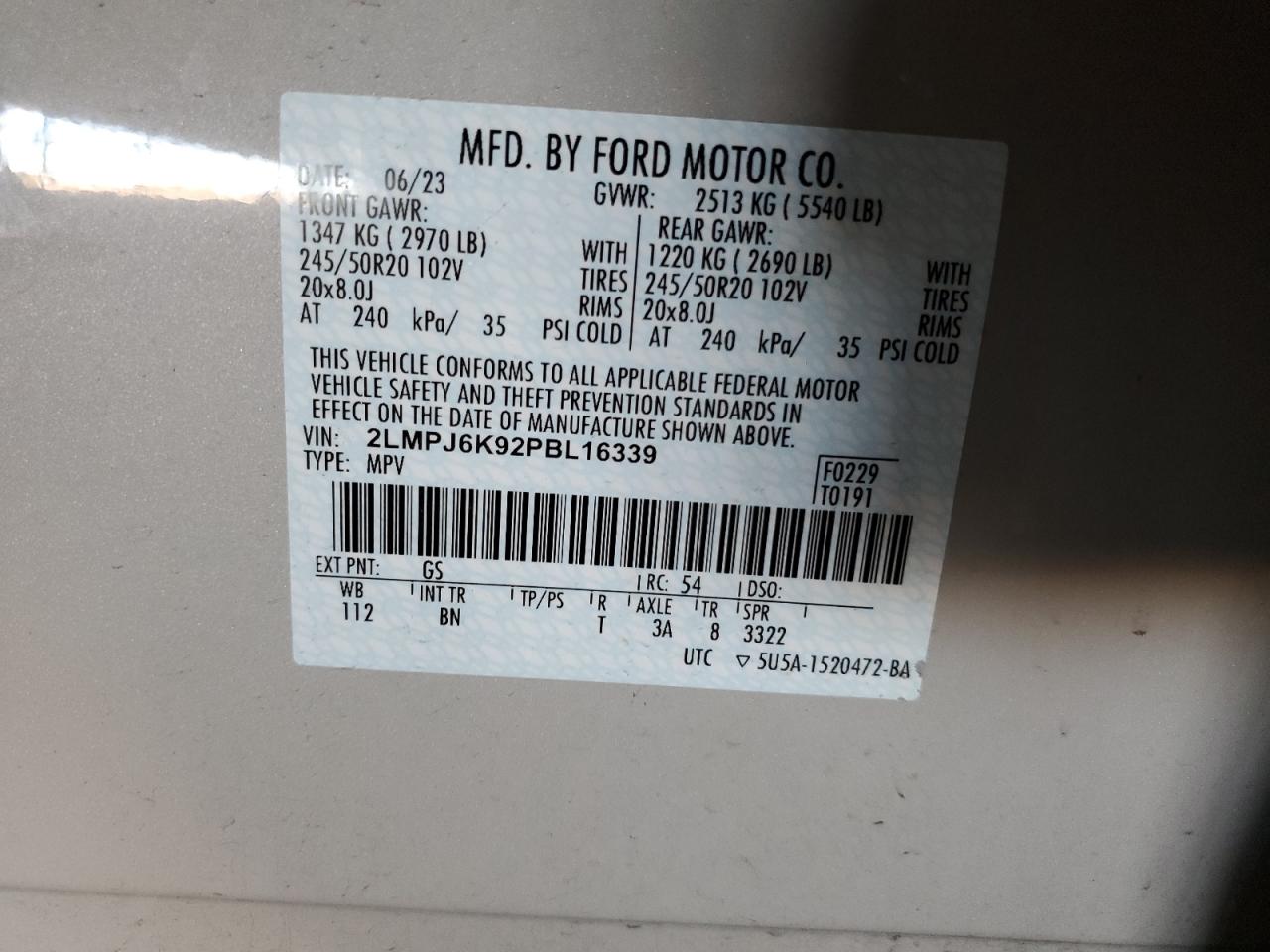 2023 Lincoln Nautilus Reserve VIN: 2LMPJ6K92PBL16339 Lot: 87021305