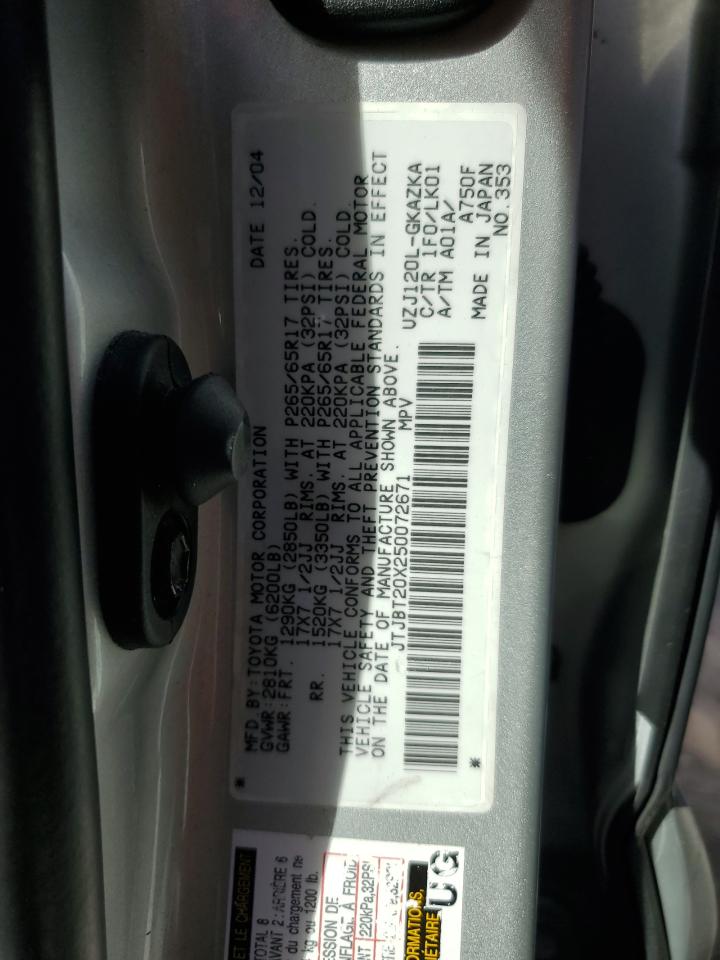 2005 Lexus Gx 470 VIN: JTJBT20X250072671 Lot: 84429145