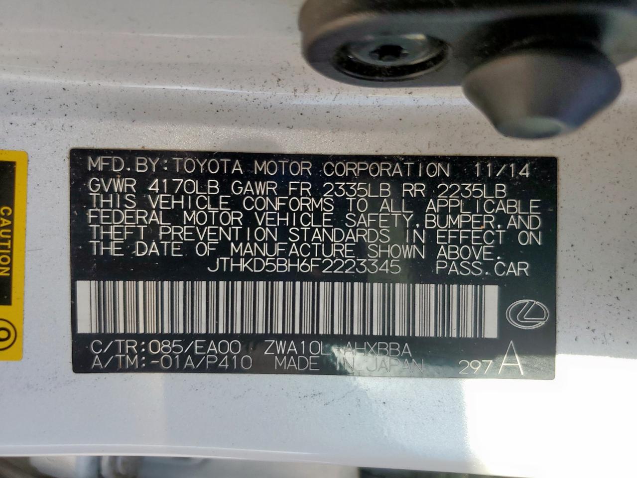 2015 Lexus Ct 200 VIN: JTHKD5BH6F2223345 Lot: 85355445