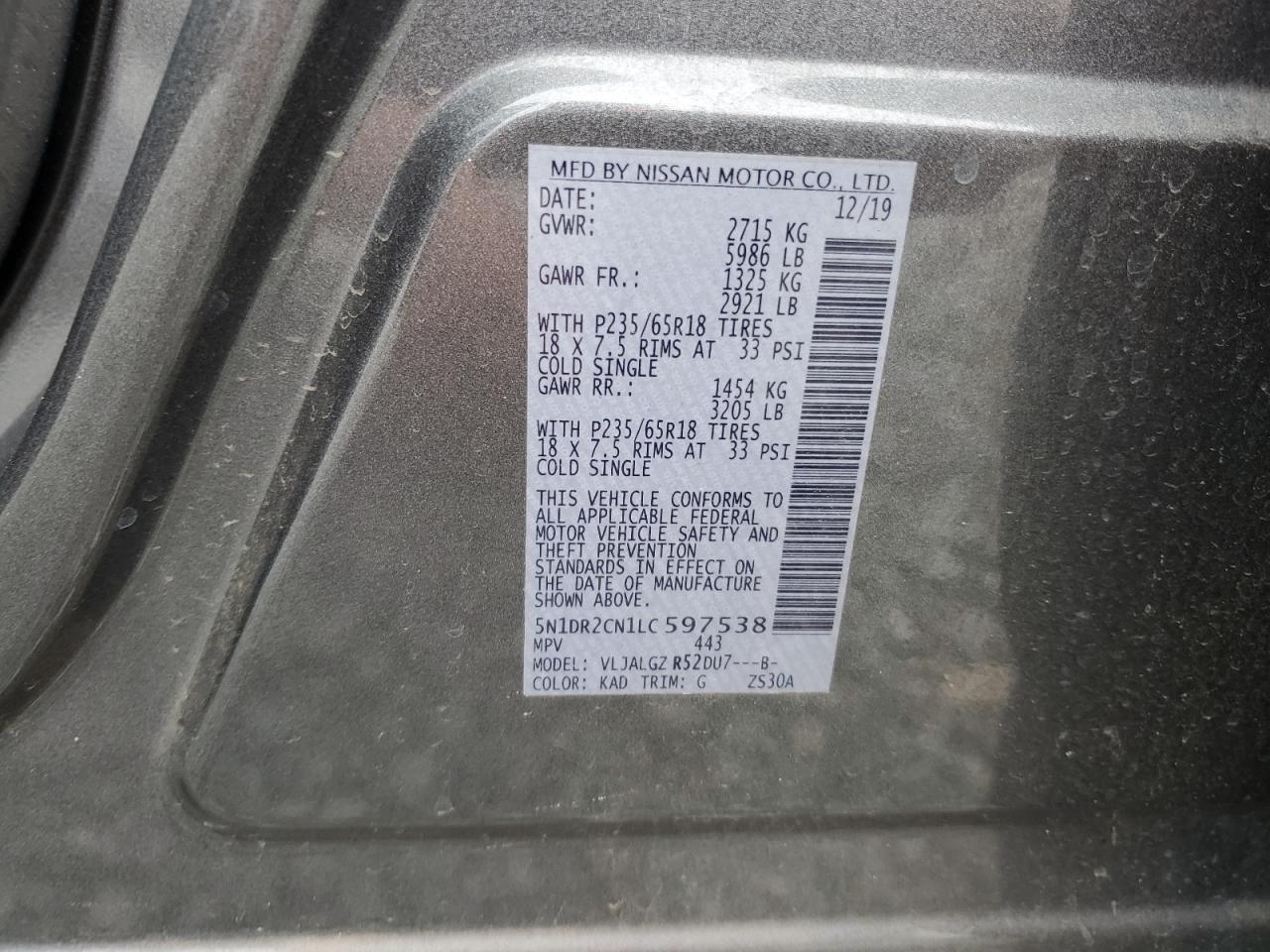 2020 Nissan Pathfinder Sl VIN: 5N1DR2CN1LC597538 Lot: 85863855