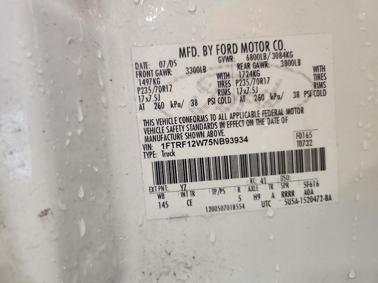 2005 Ford F-150 Xlt Regular Ca VIN: 1FTRF12W75NB93934 Lot: 85099965