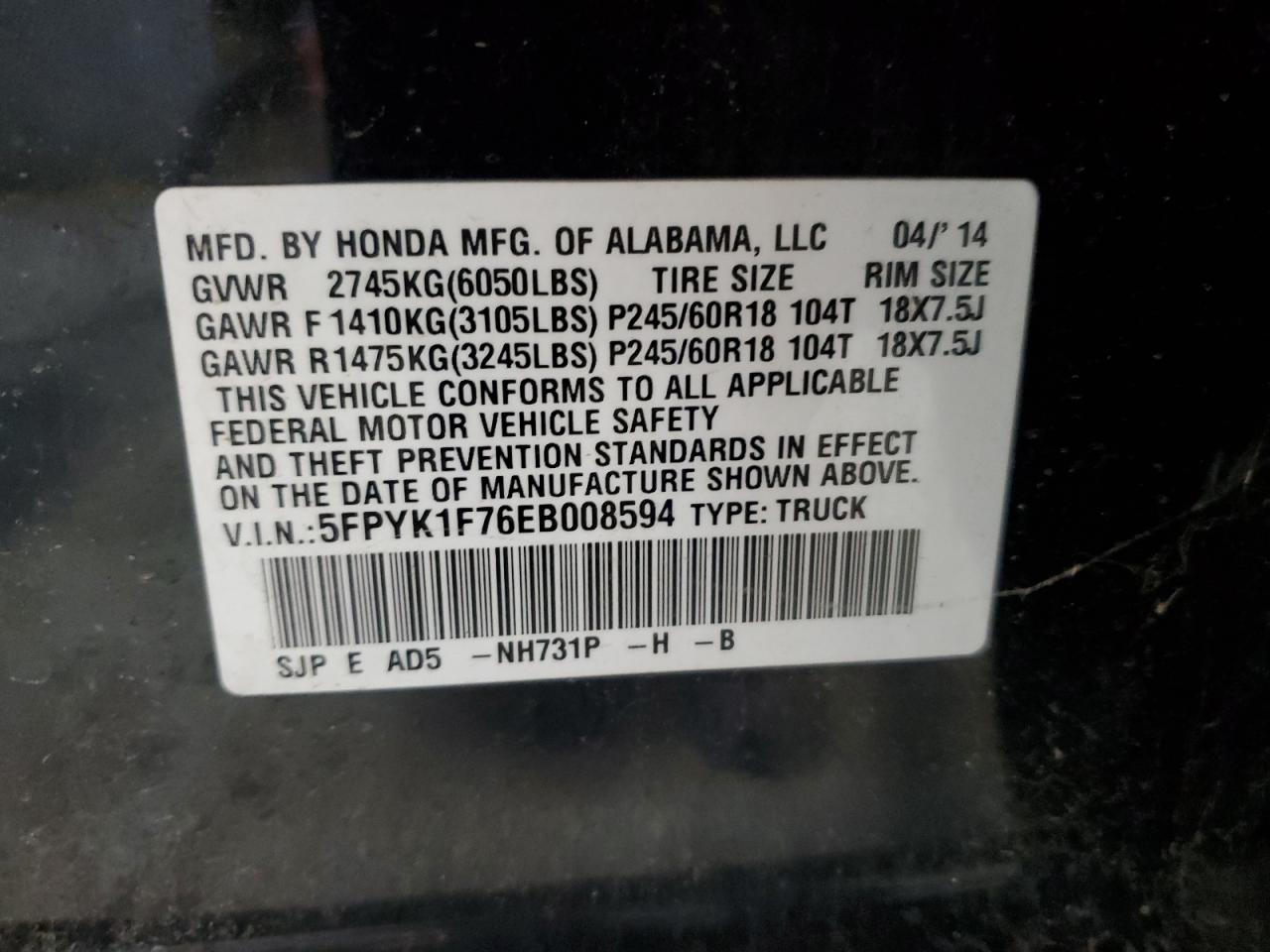 2014 Honda Ridgeline Sport VIN: 5FPYK1F76EB008594 Lot: 85003855