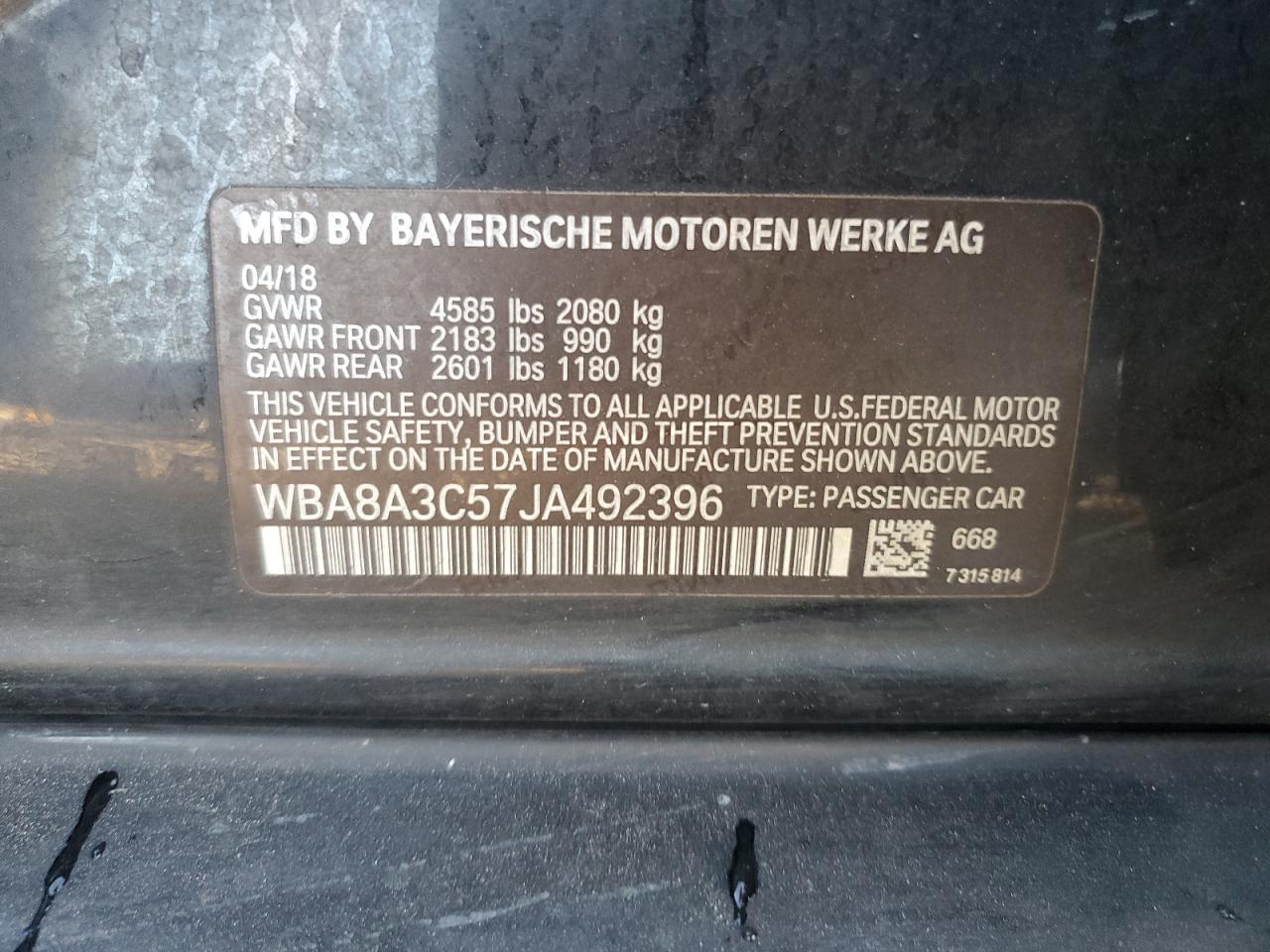 2018 BMW 320 Xi VIN: WBA8A3C57JA492396 Lot: 84594715