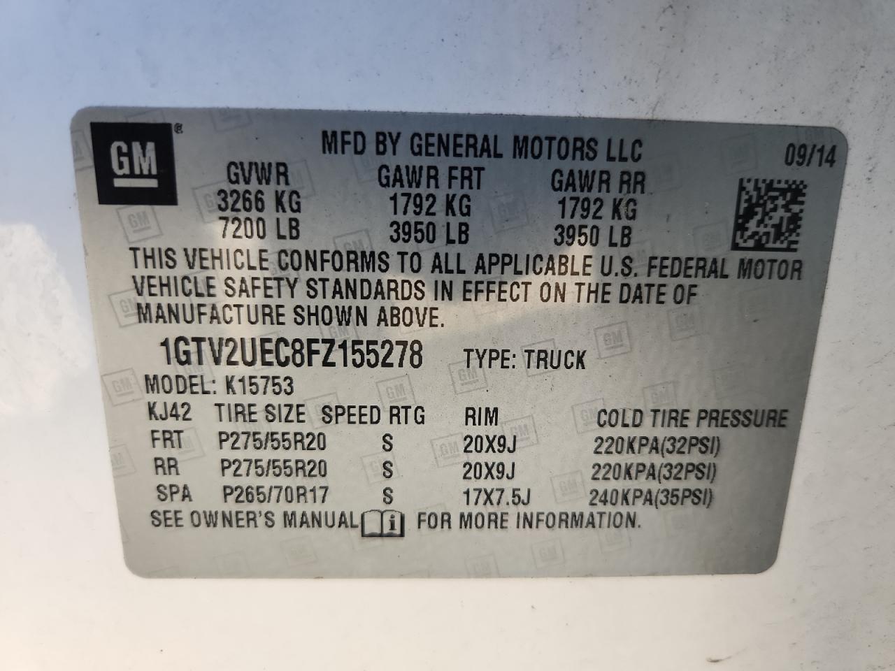 2015 GMC Sierra K1500 Sle VIN: 1GTV2UEC8FZ155278 Lot: 82263575