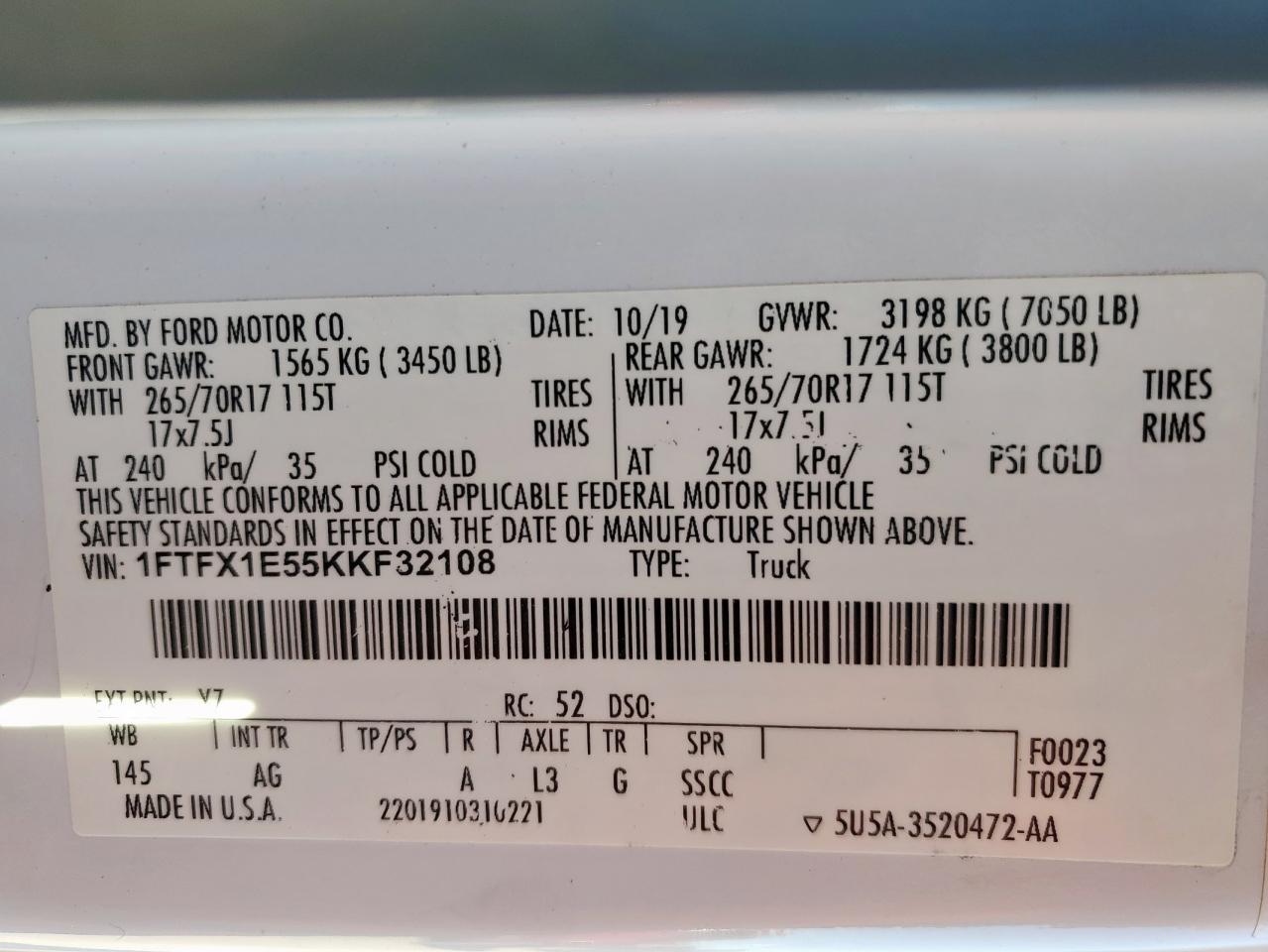 2019 Ford F150 Super Cab VIN: 1FTFX1E55KKF32108 Lot: 90359925
