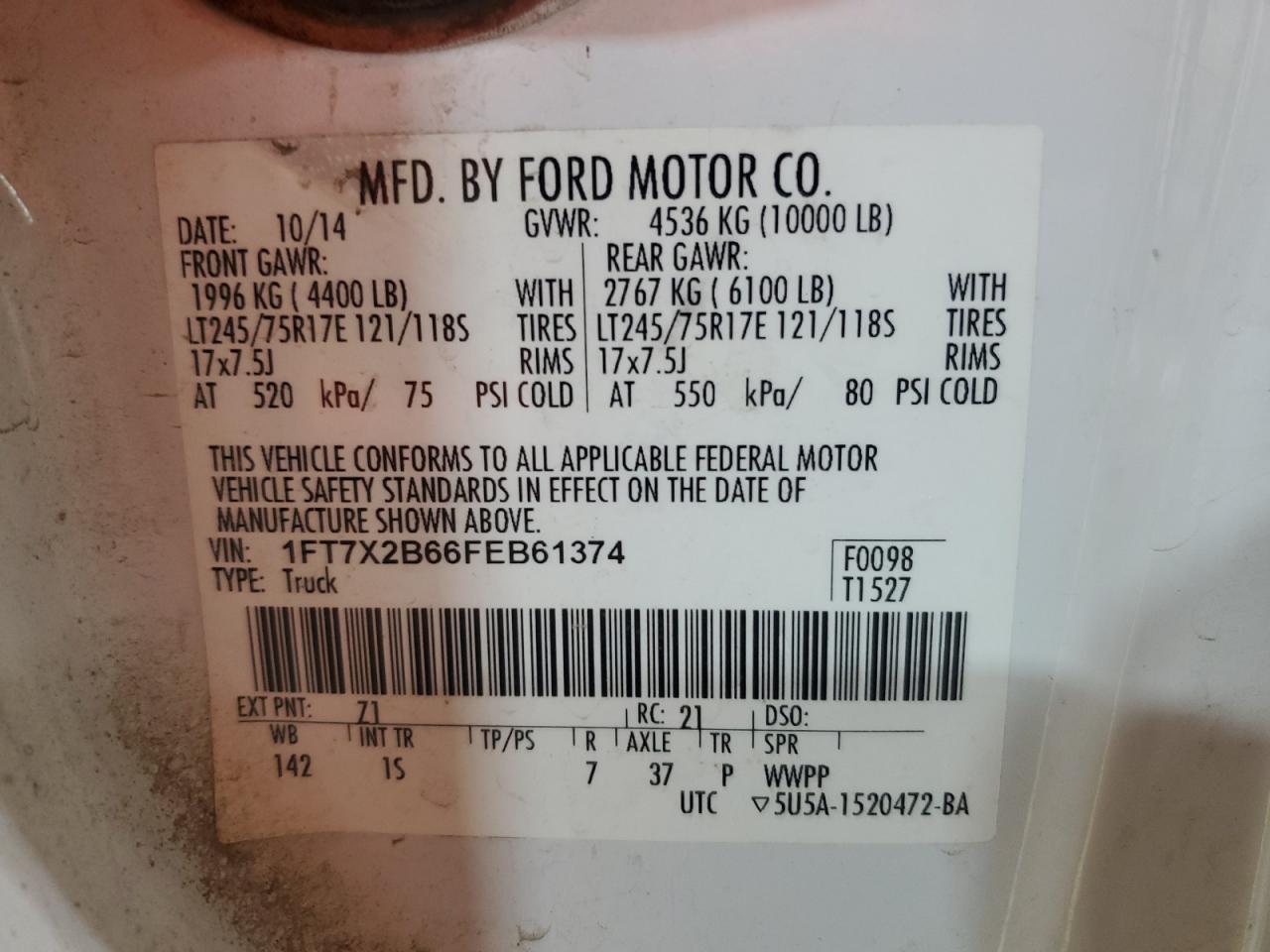 2015 Ford F250 Super Duty VIN: 1FT7X2B66FEB61374 Lot: 90032055