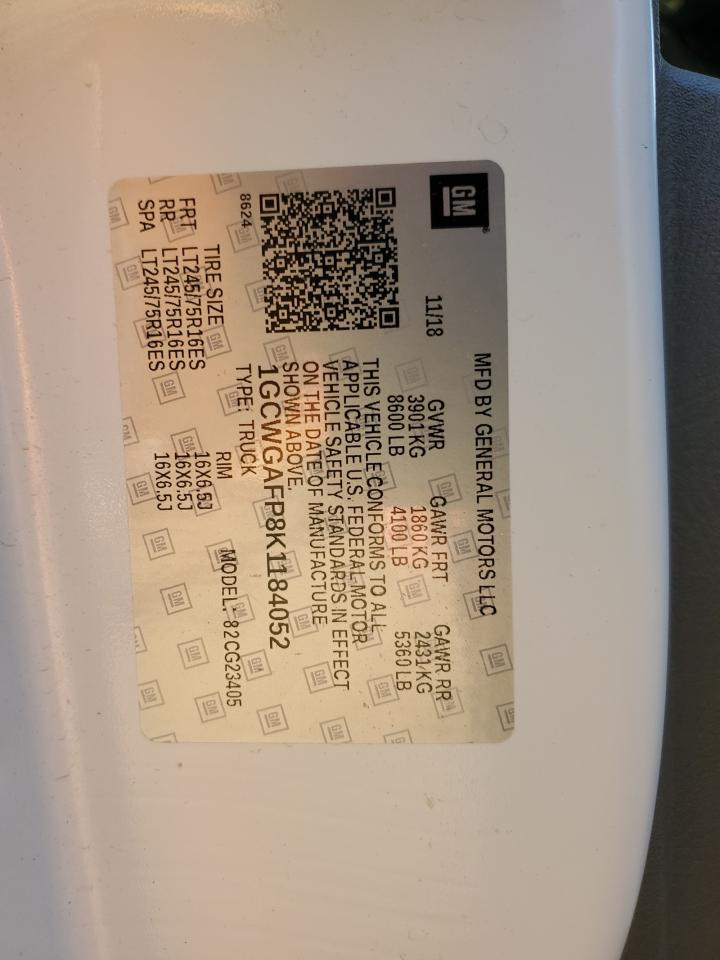 2019 Chevrolet Express G2500 VIN: 1GCWGAFP8K1184052 Lot: 85589015