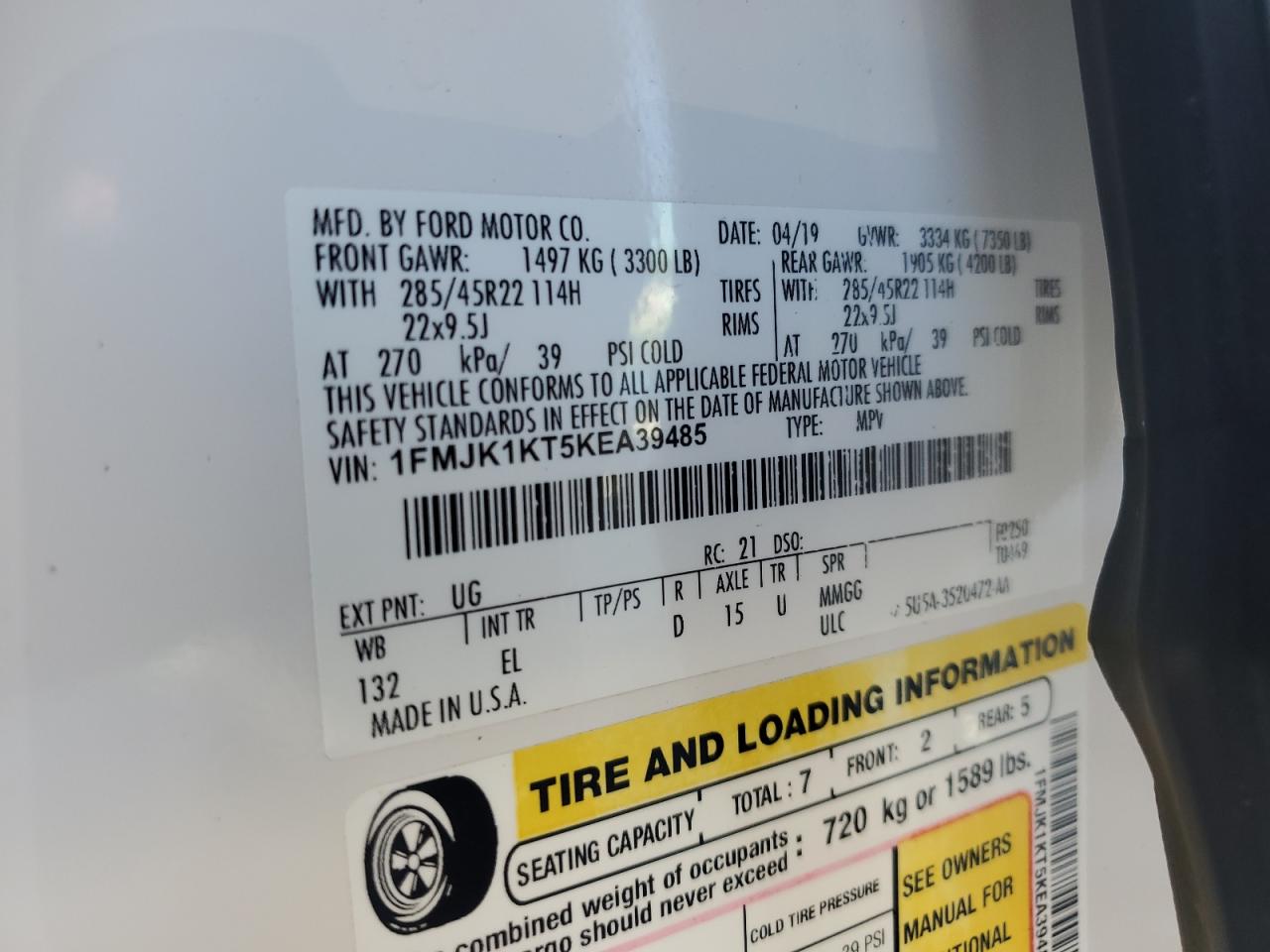 2019 Ford Expedition Max Limited VIN: 1FMJK1KT5KEA39485 Lot: 84953365