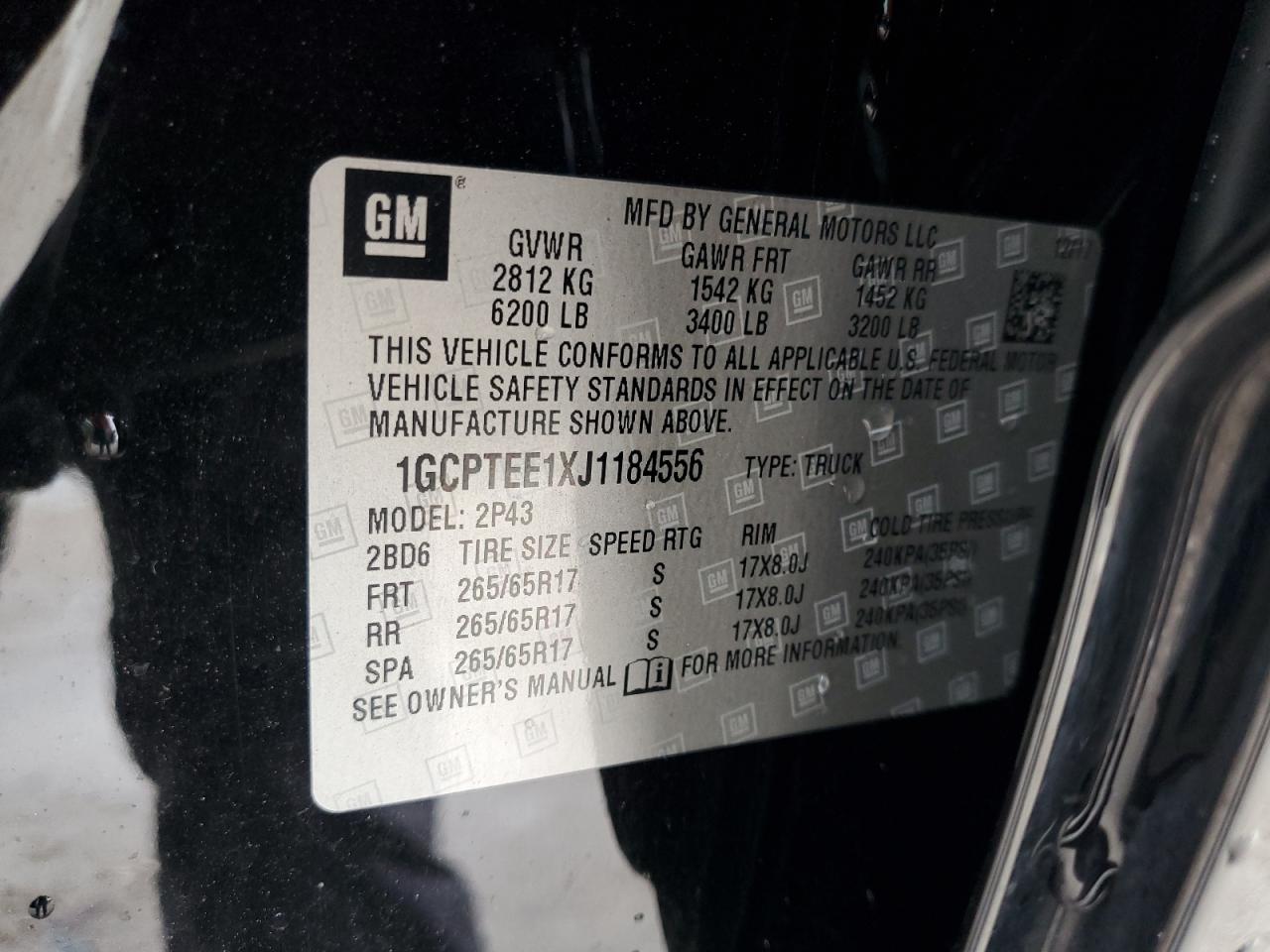 2018 Chevrolet Colorado Zr2 VIN: 1GCPTEE1XJ1184556 Lot: 85921795