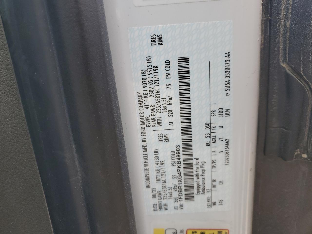 2023 Ford Transit T-250 VIN: 1FDBR1XG4PKB49903 Lot: 84641185