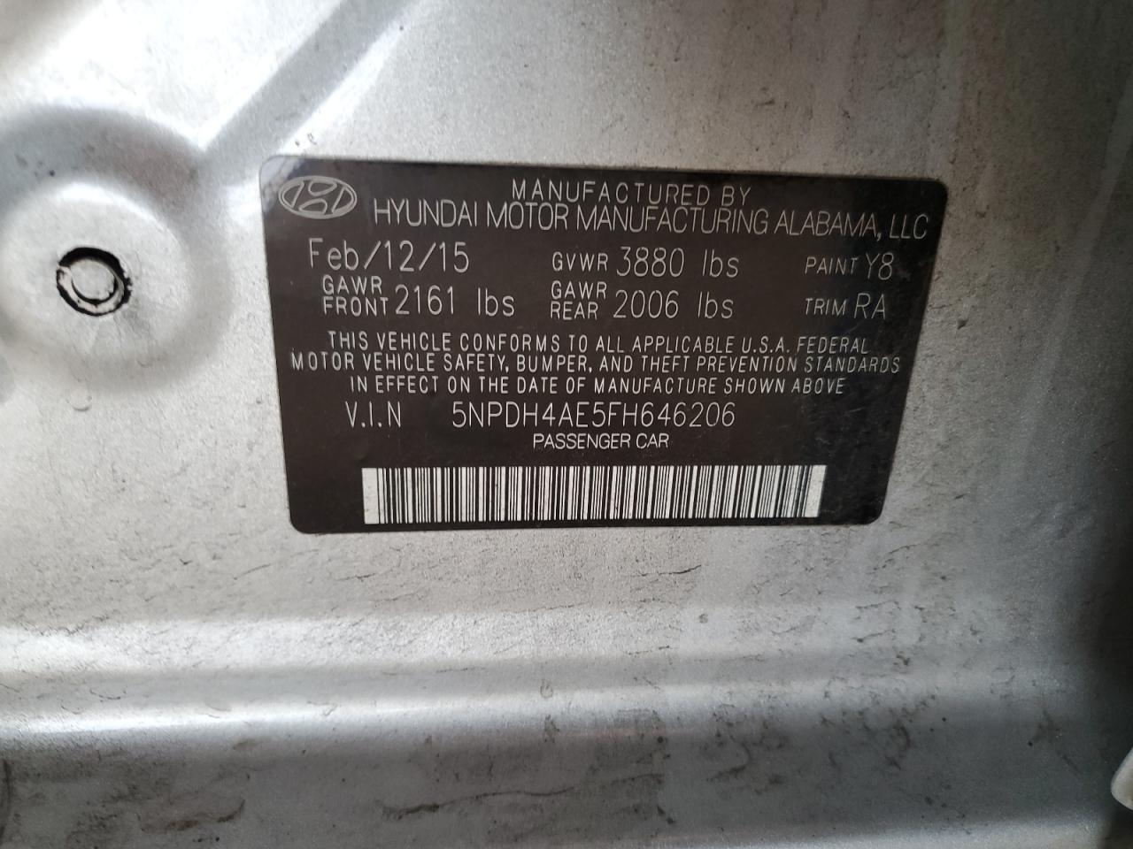 2015 Hyundai Elantra Se VIN: 5NPDH4AE5FH646206 Lot: 82390695