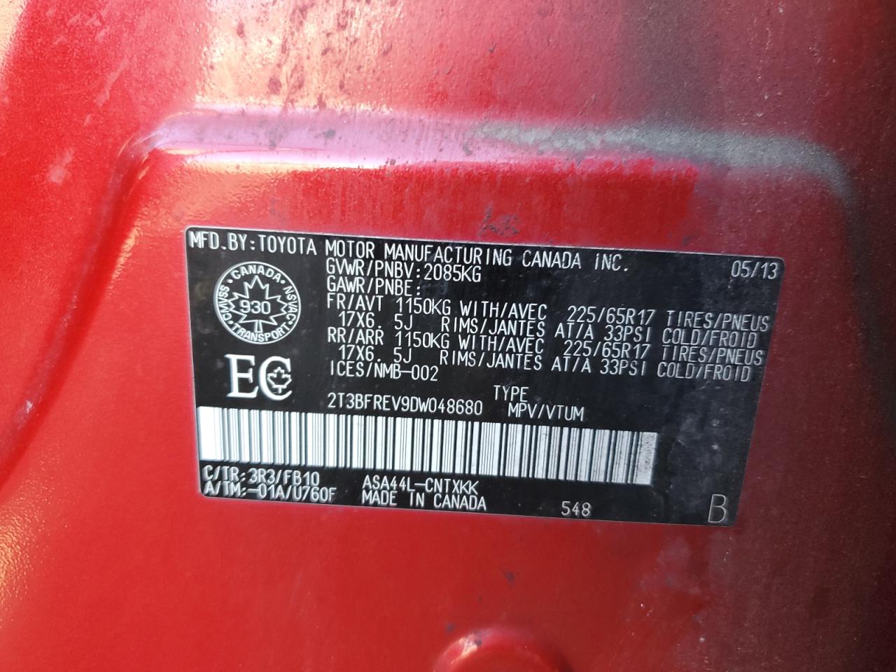 2013 Toyota Rav4 Le VIN: 2T3BFREV9DW048680 Lot: 80032095