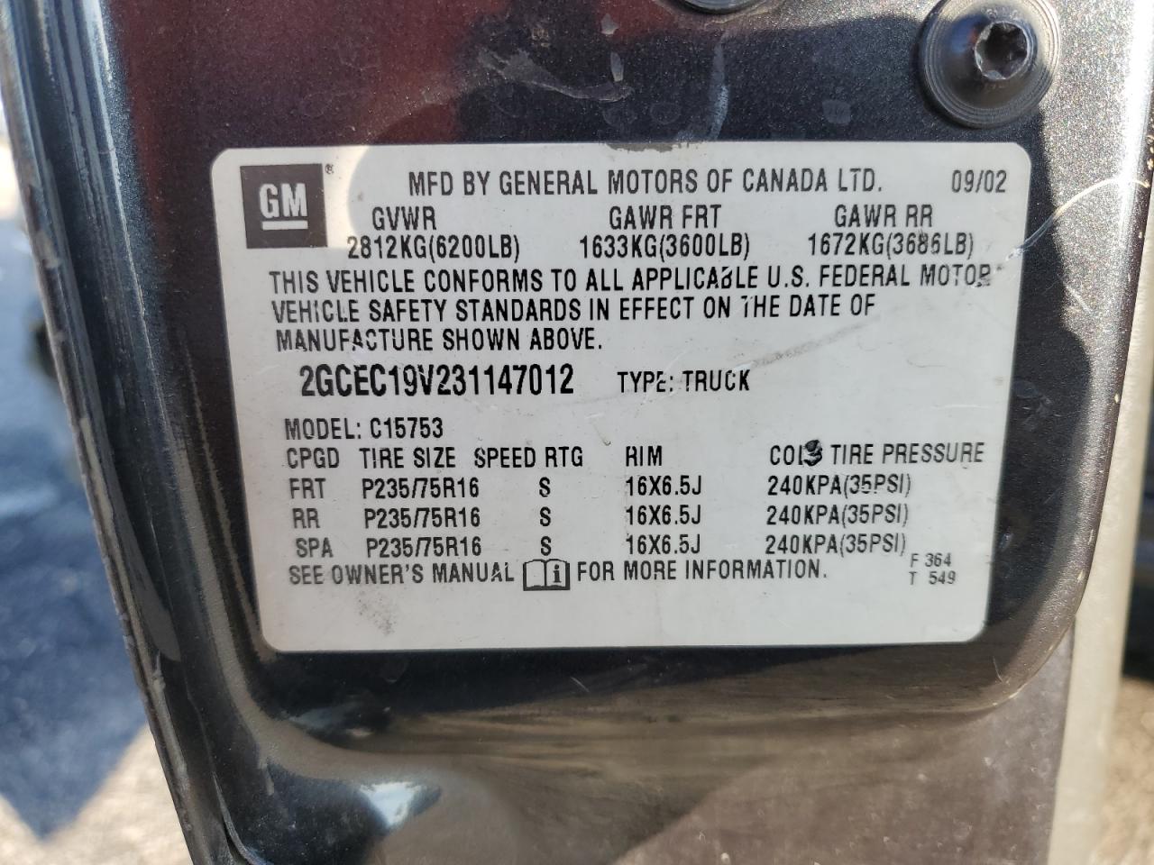 2003 Chevrolet Silverado C1500 VIN: 2GCEC19V231147012 Lot: 81917805