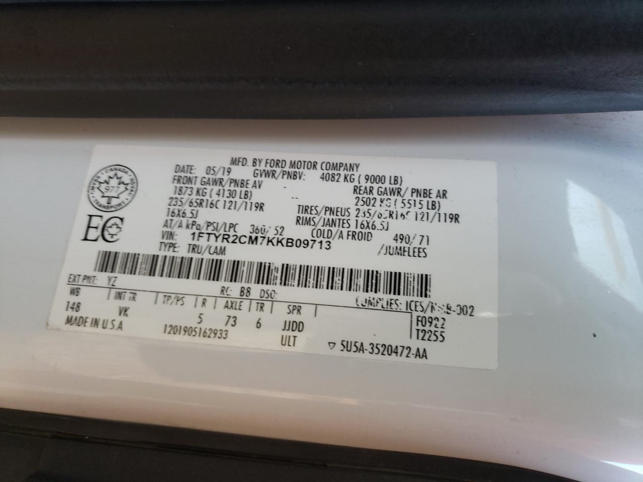 2019 Ford Transit T-250 VIN: 1FTYR2CM7KKB09713 Lot: 90405555