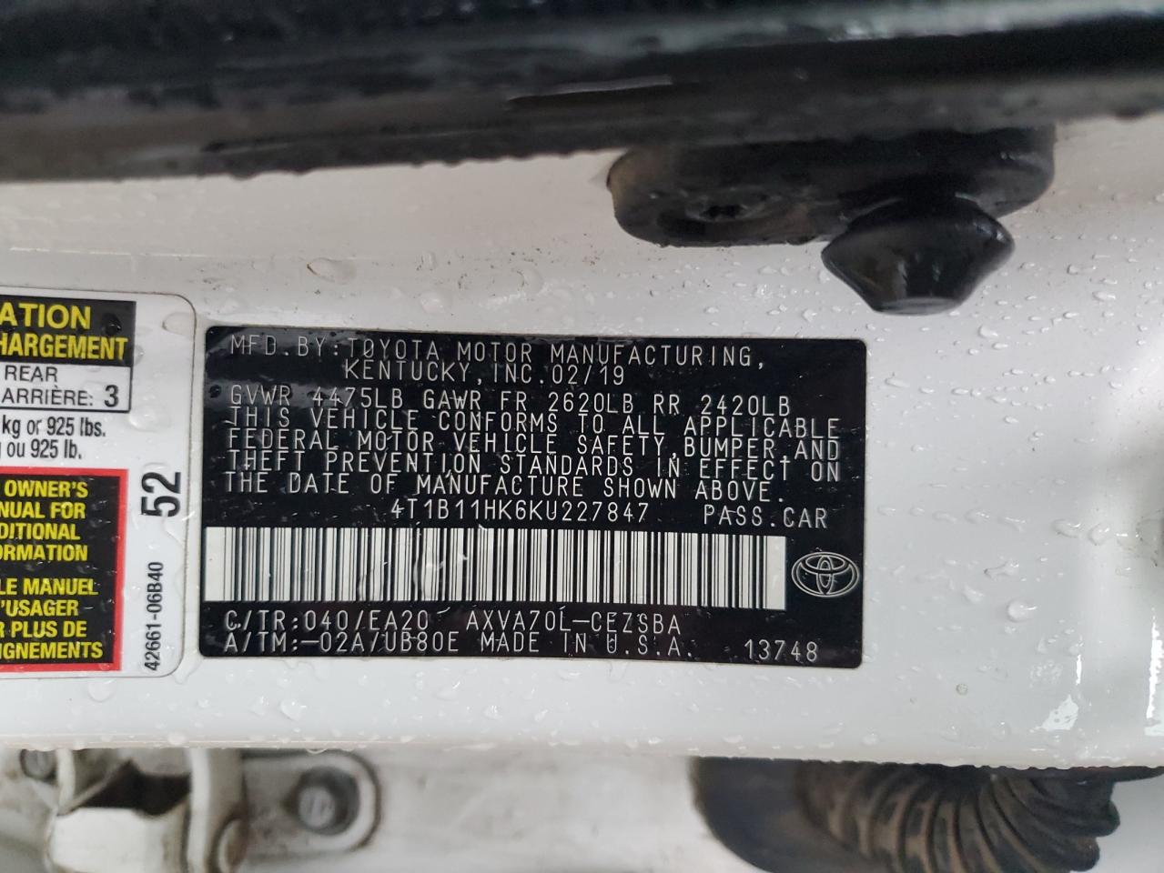 2019 Toyota Camry L VIN: 4T1B11HK6KU227847 Lot: 82337465