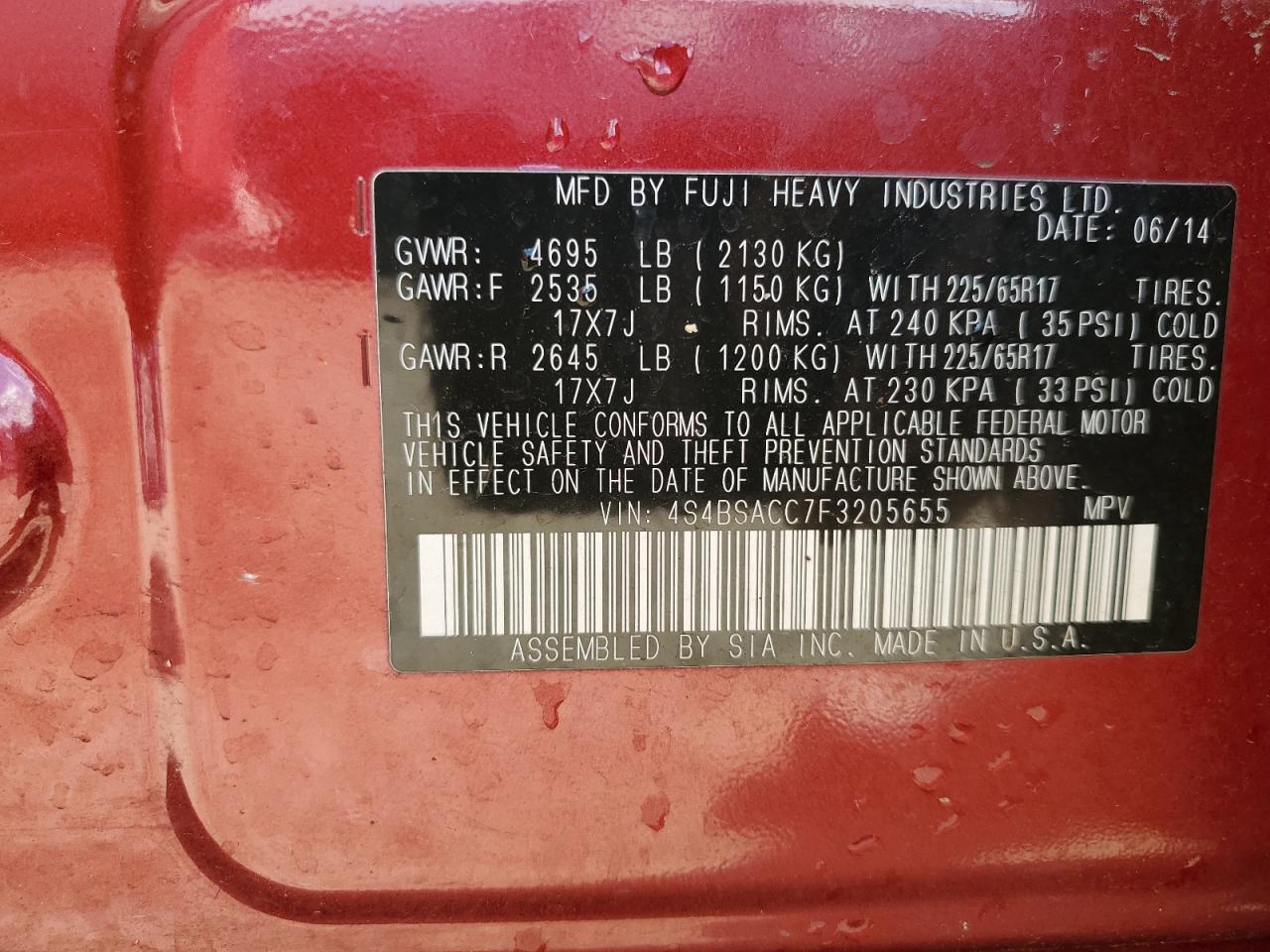 2015 Subaru Outback 2.5I Premium VIN: 4S4BSACC7F3205655 Lot: 85371655