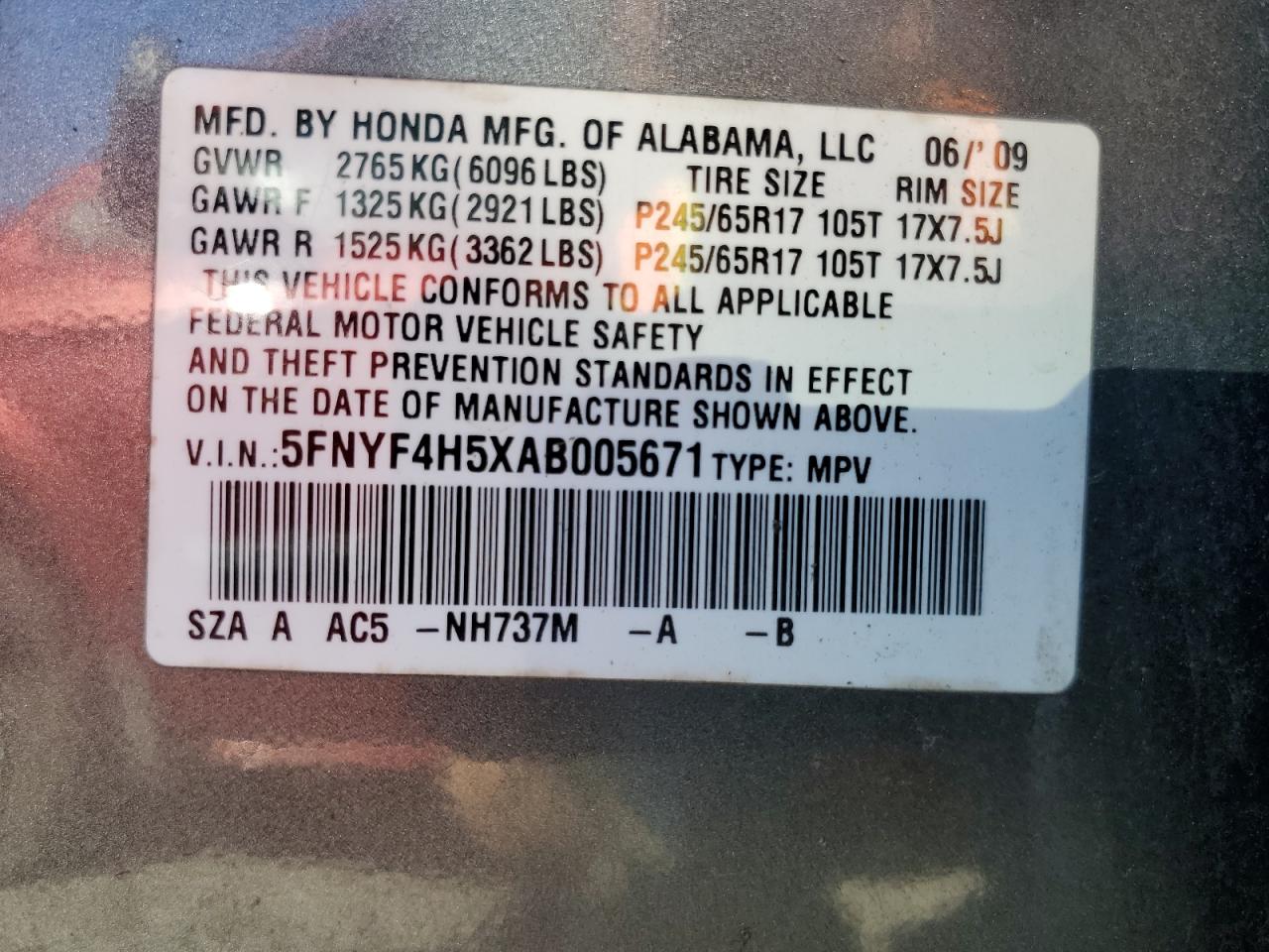 2010 Honda Pilot Exl VIN: 5FNYF4H5XAB005671 Lot: 83800995