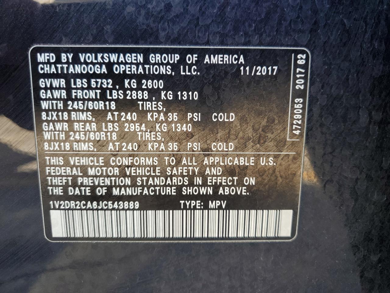 2018 Volkswagen Atlas Se VIN: 1V2DR2CA6JC543889 Lot: 84970525