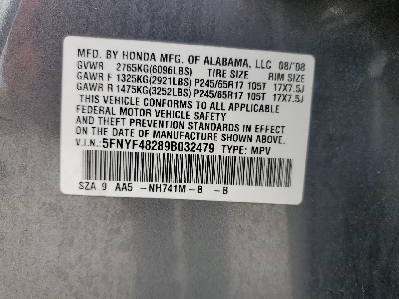2009 Honda Pilot Lx VIN: 5FNYF48289B032479 Lot: 86240965