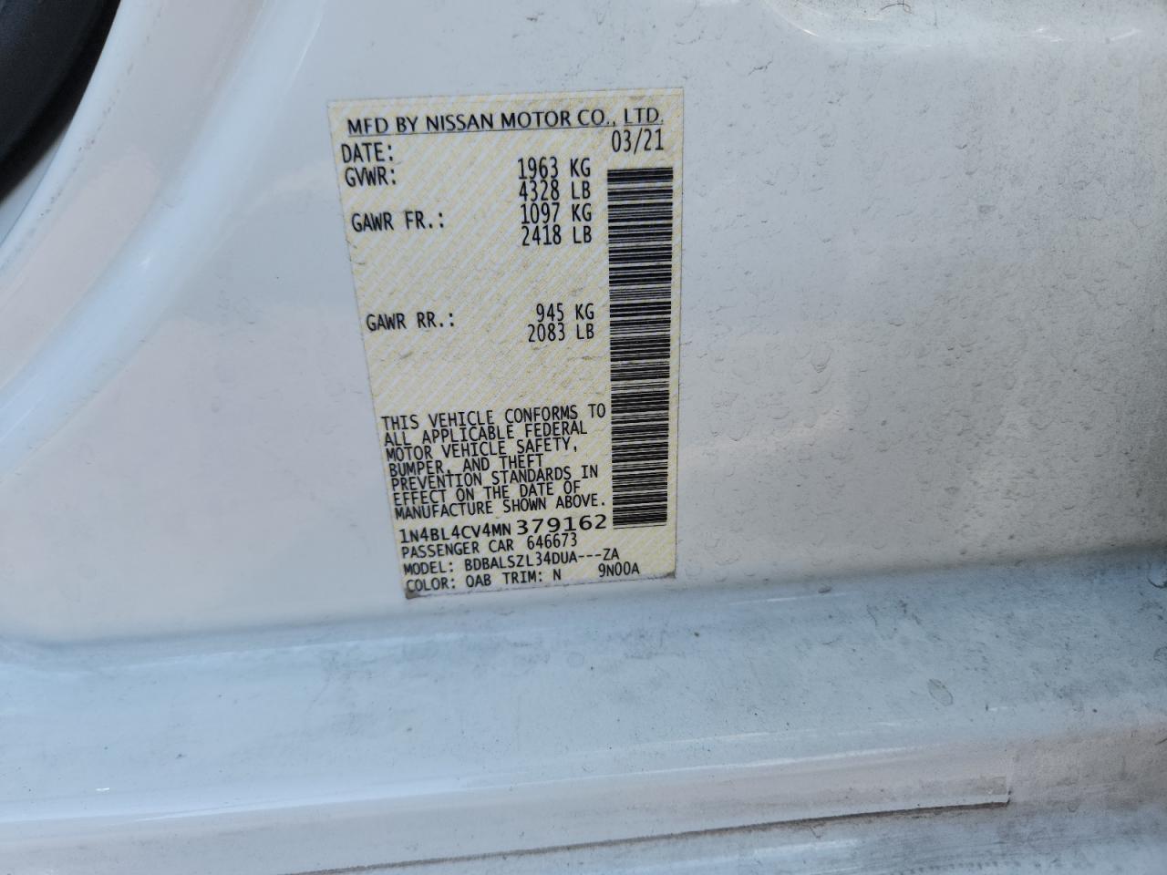 2021 Nissan Altima Sr VIN: 1N4BL4CV4MN379162 Lot: 85894965